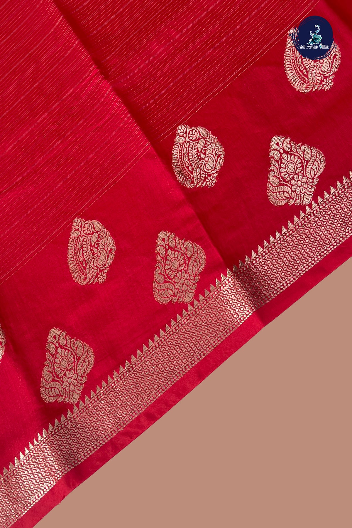 Reddish Pink Semi Banarasi Saree With Stripes Pattern