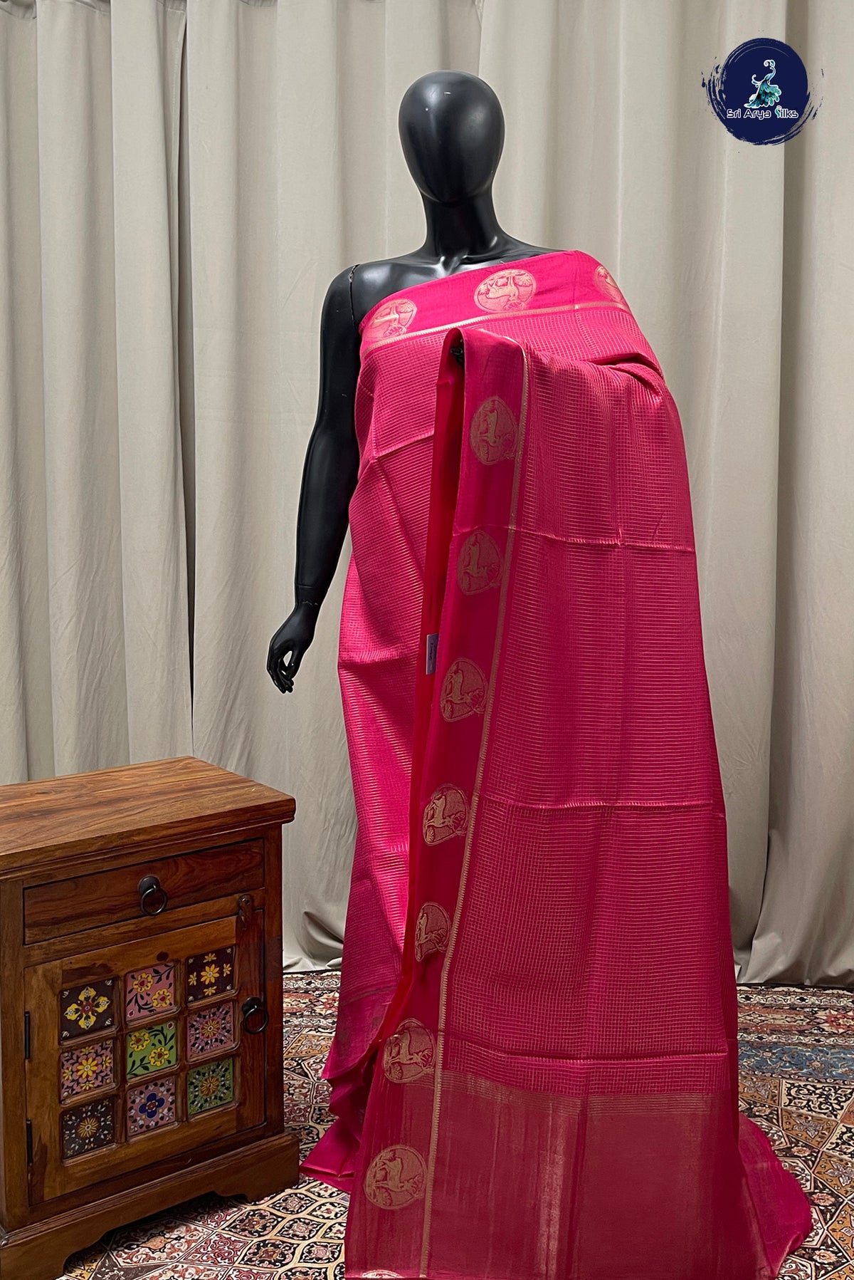 Pink Semi Banarasi Saree With Zari Checked Pattern