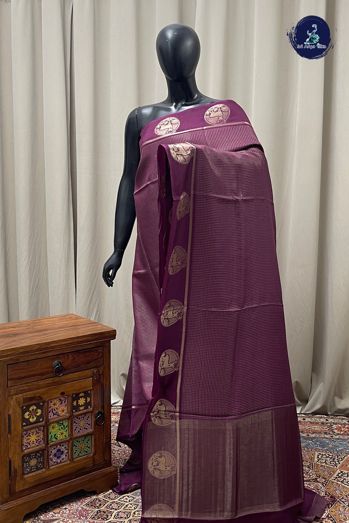 Burgundy Semi Banarasi Saree With Zari Checked Pattern