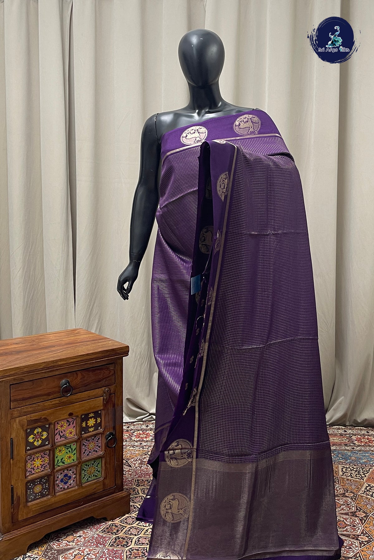 Violet Semi Banarasi Saree With Zari Checked Pattern