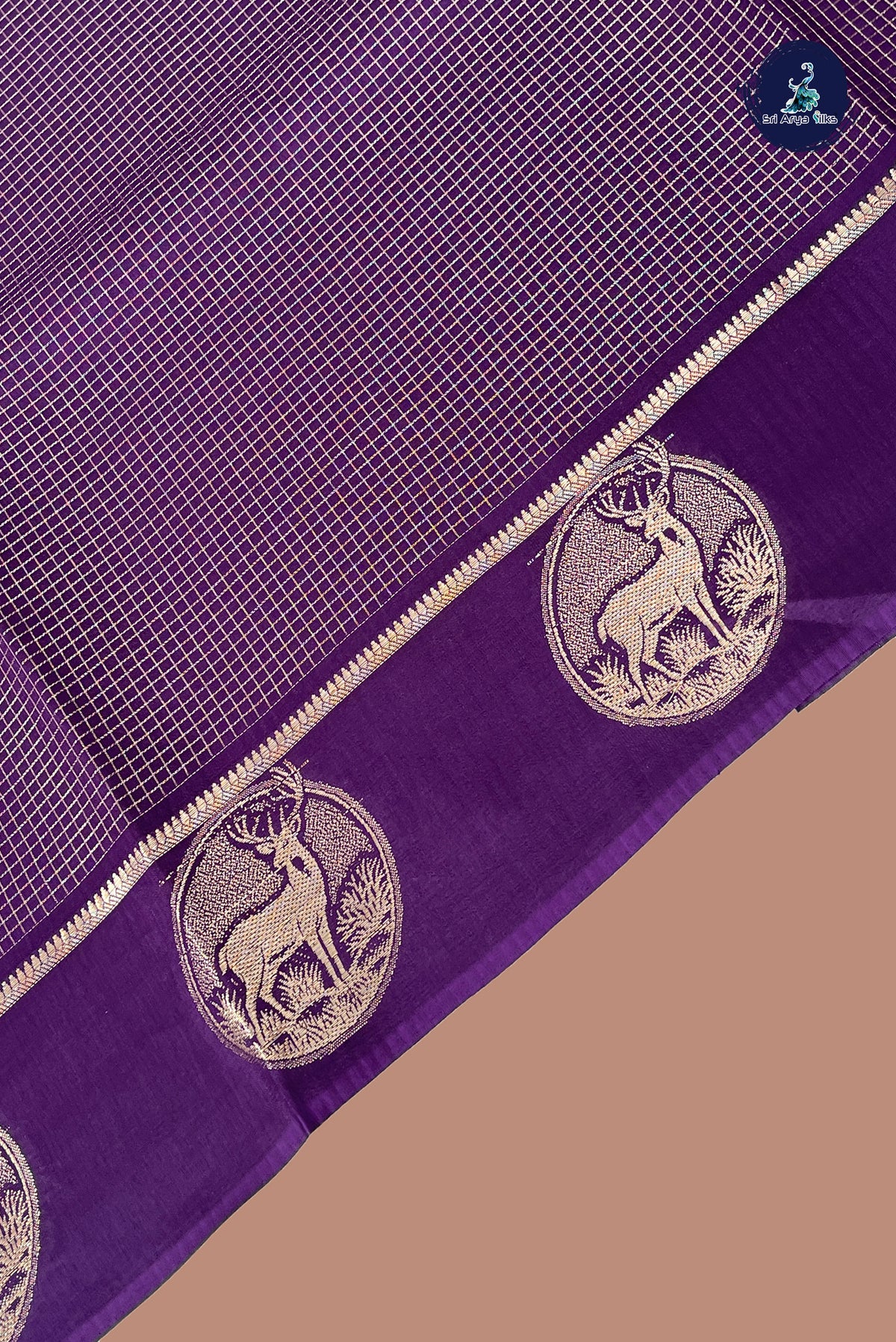 Violet Semi Banarasi Saree With Zari Checked Pattern
