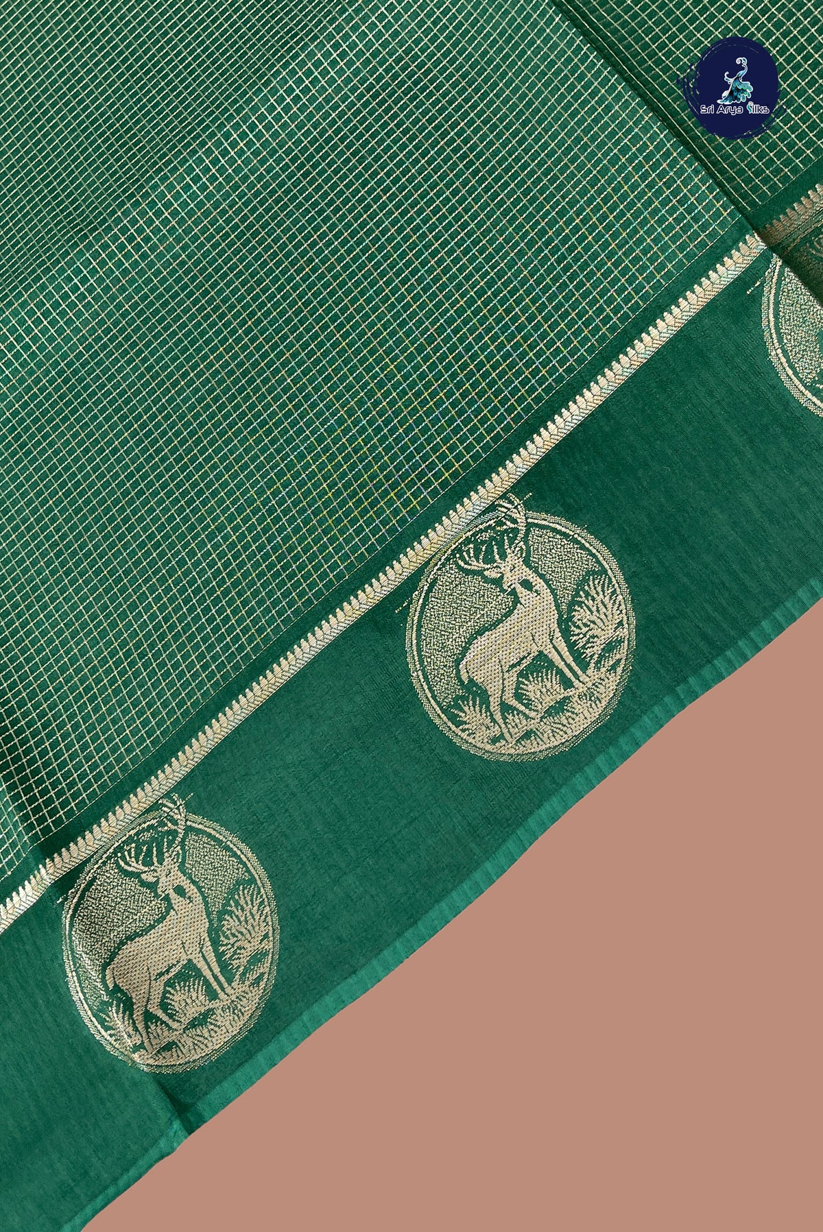 Dark Green Semi Banarasi Saree With Zari Checked Pattern
