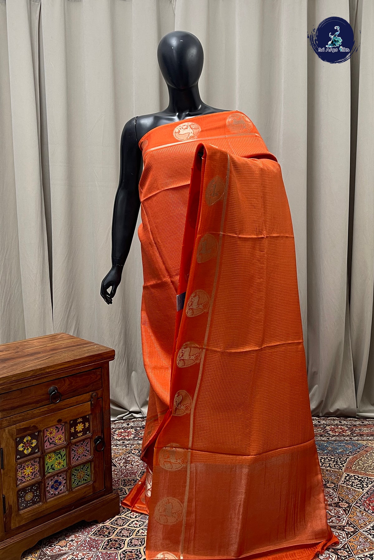 Orange Semi Banarasi Saree With Zari Checked Pattern
