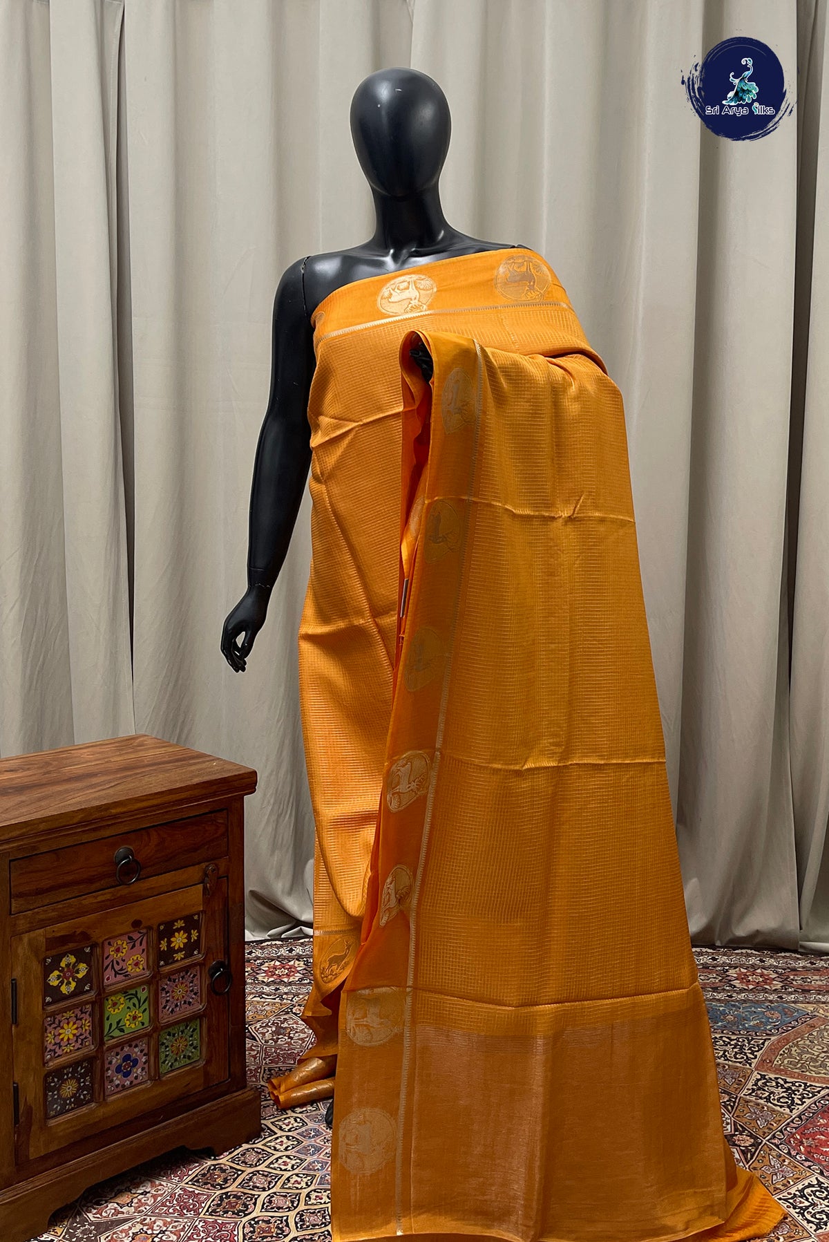 Mustard Yellow Semi Banarasi Saree With Zari Checked Pattern