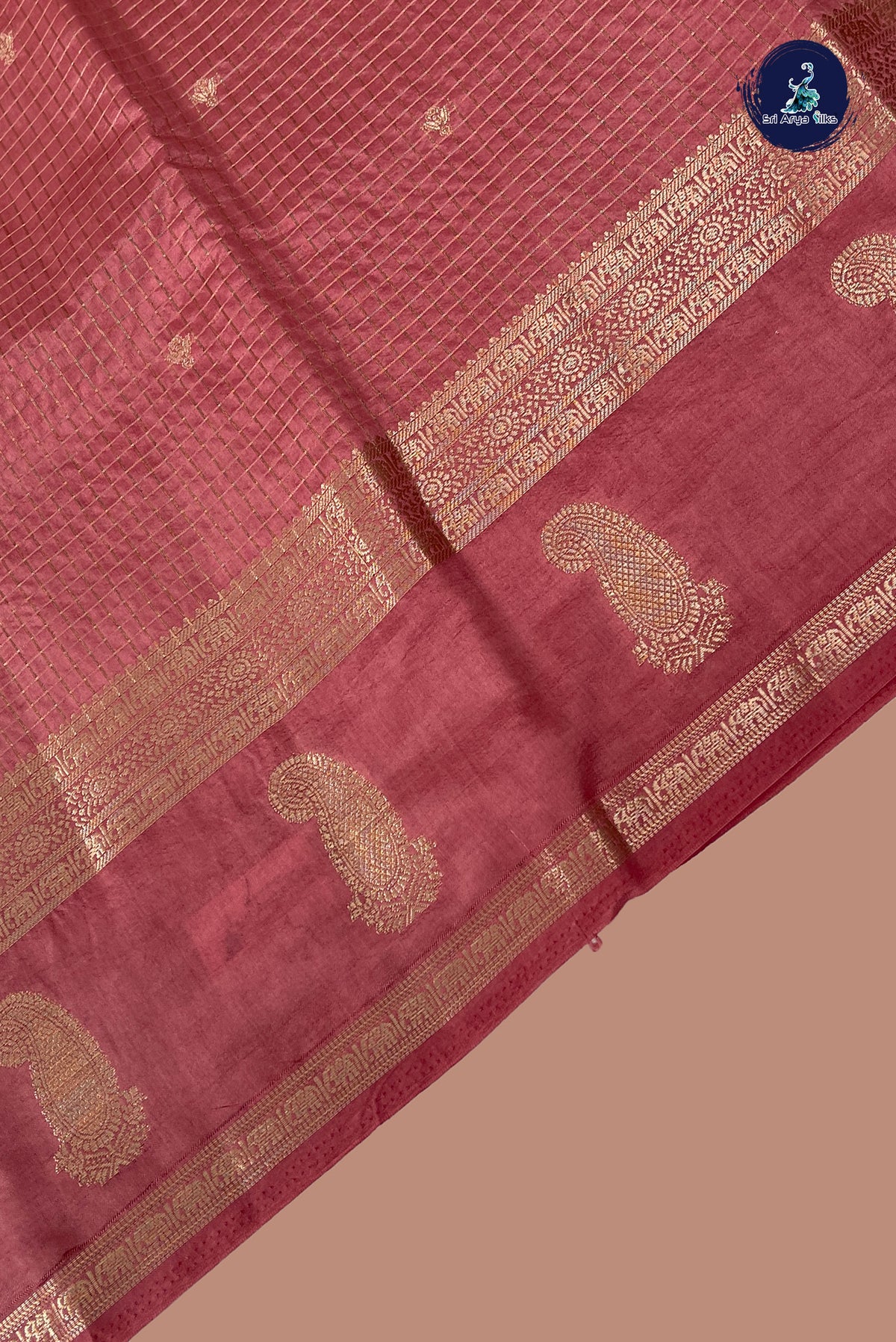 Caramel Shade Semi Banarasi Saree With Zari Checked Pattern