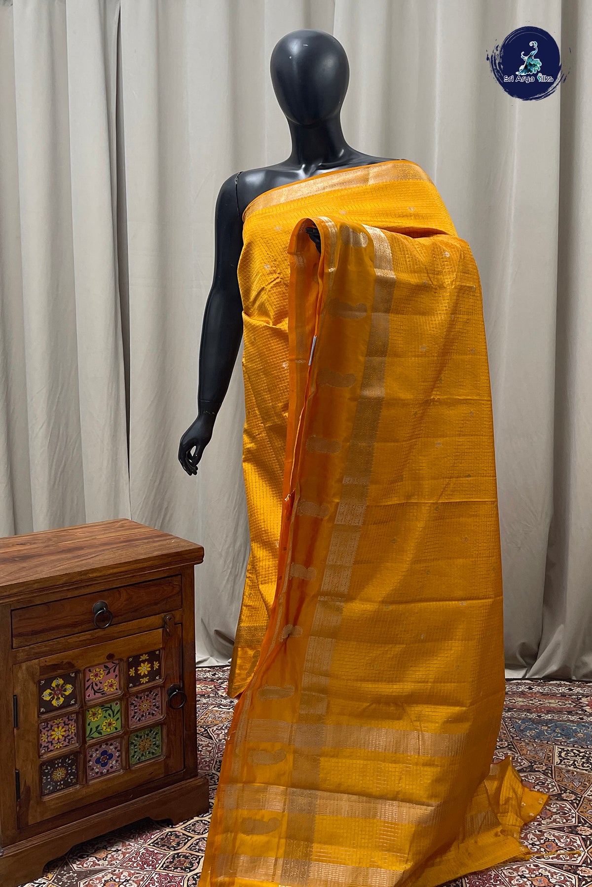 Yellowish Orange Semi Banarasi Saree With Zari Checked Pattern