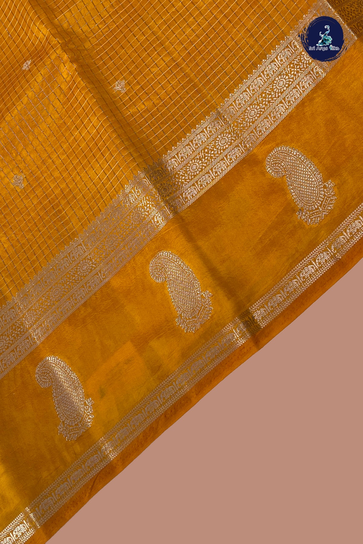 Yellowish Orange Semi Banarasi Saree With Zari Checked Pattern