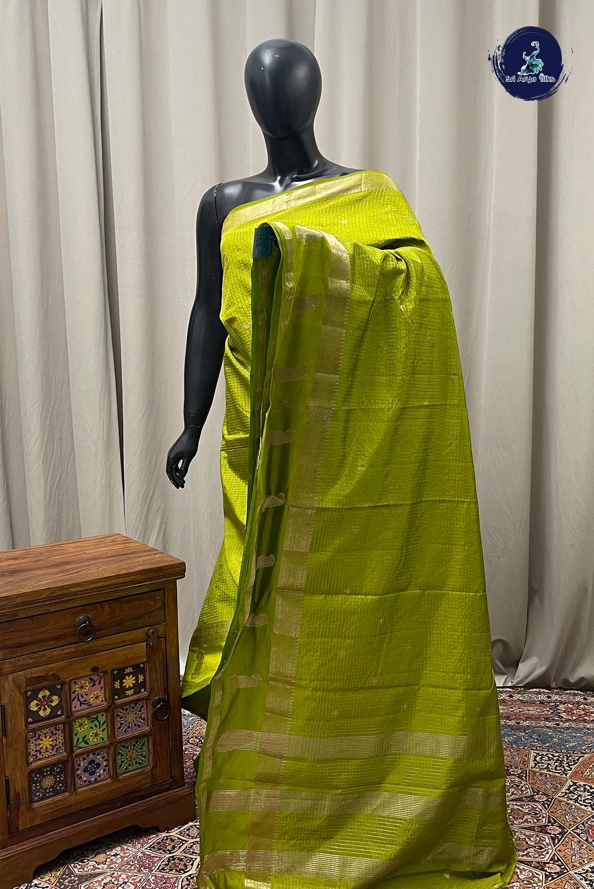 Lime Green Semi Banarasi Saree With Zari Checked Pattern