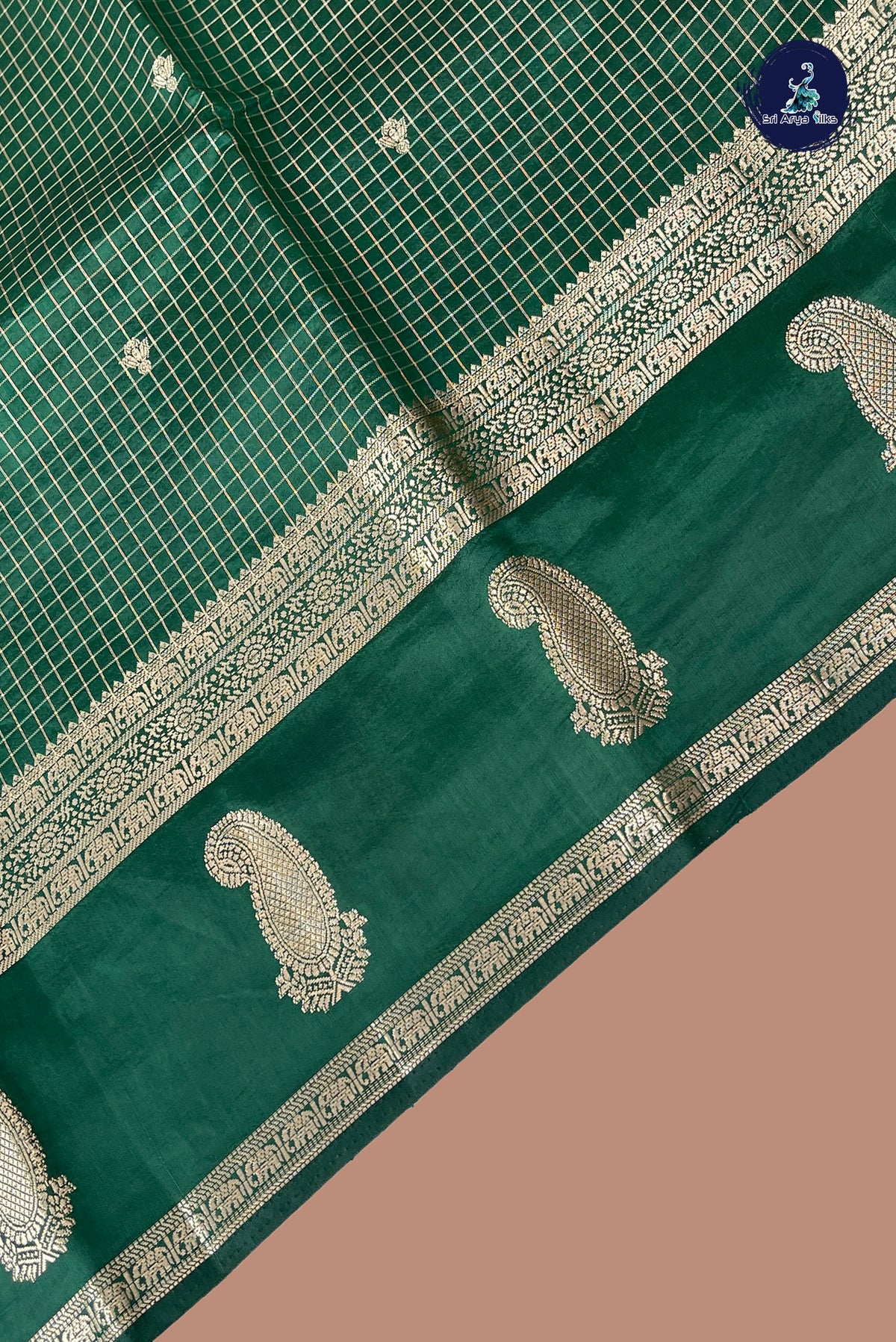 Dark Green Semi Banarasi Saree With Zari Checked Pattern