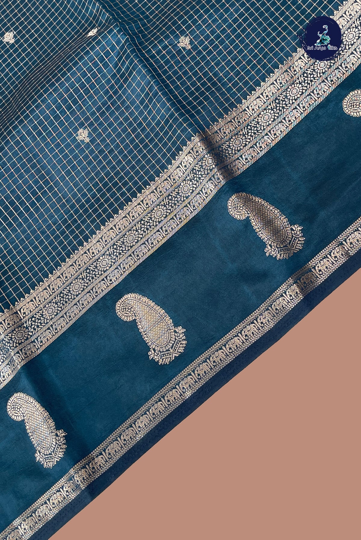 Blue Semi Banarasi Saree With Zari Checked Pattern