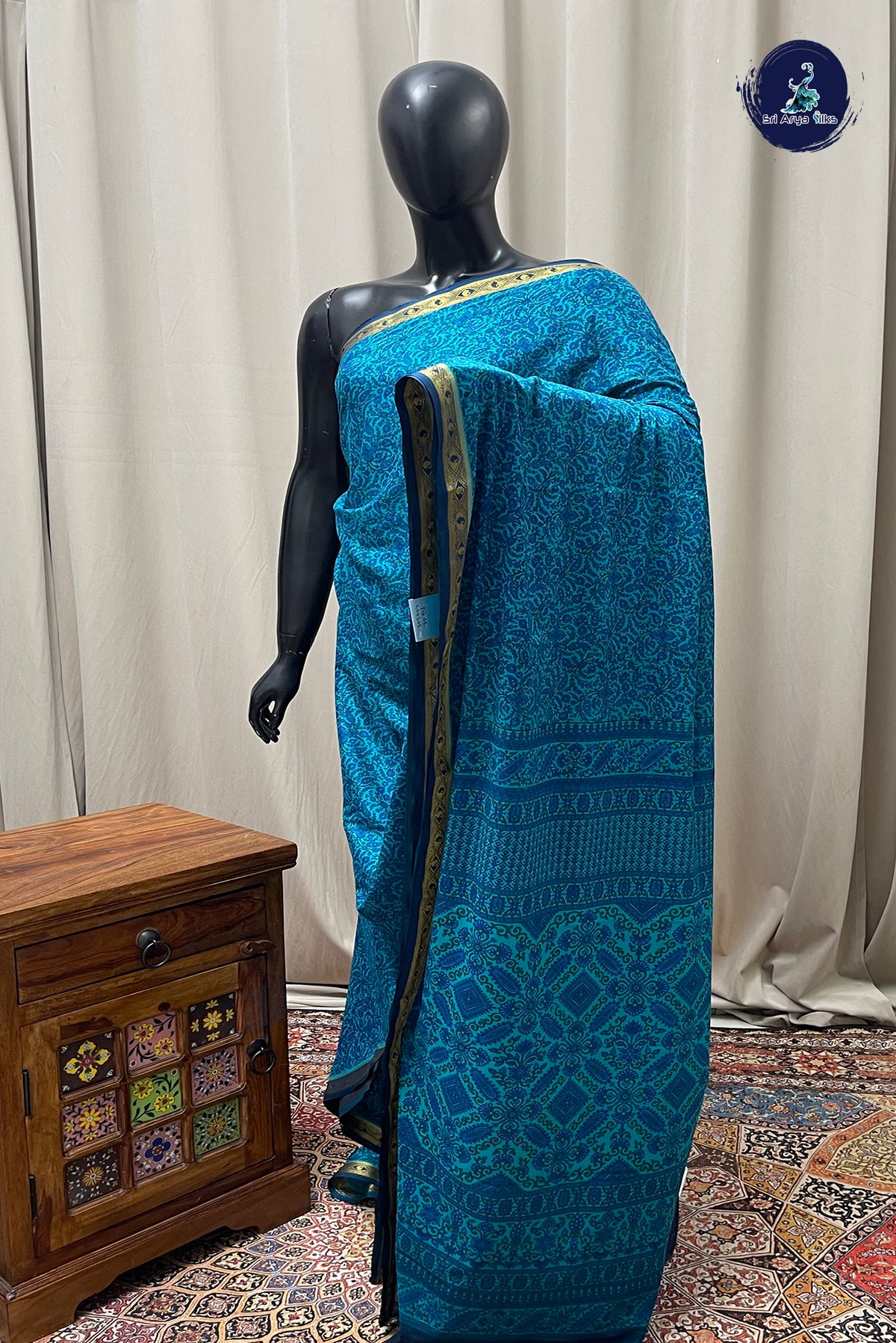 Blue Semi Mysore Silk With Floral Print Pattern
