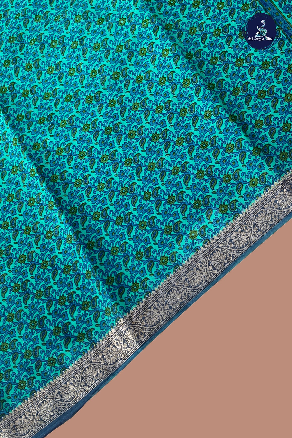 Turquoise Semi Mysore Silk With Floral Print Pattern