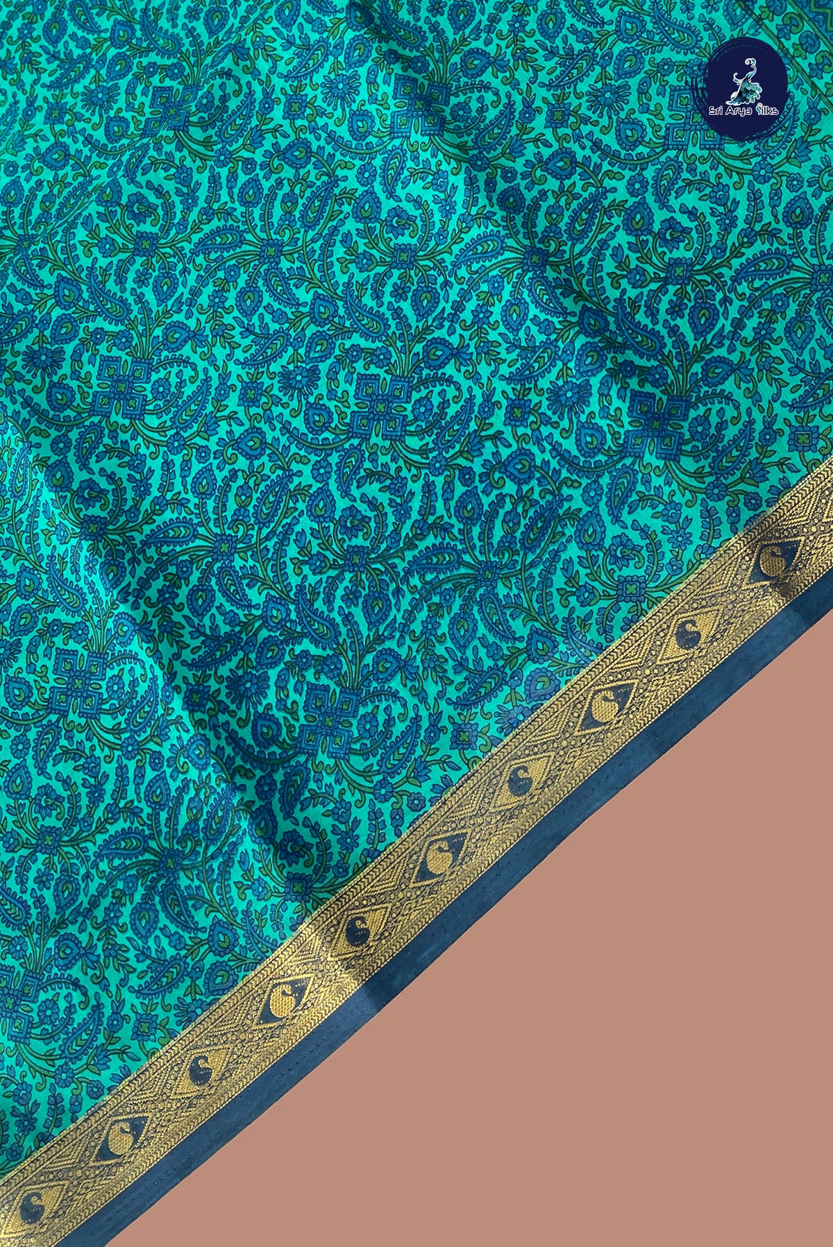 Turquoise Semi Mysore Silk With Floral Print Pattern