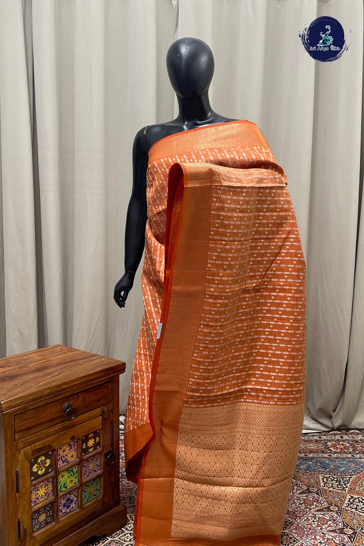 Orange Semi Tussar Saree With Stripes Pattern