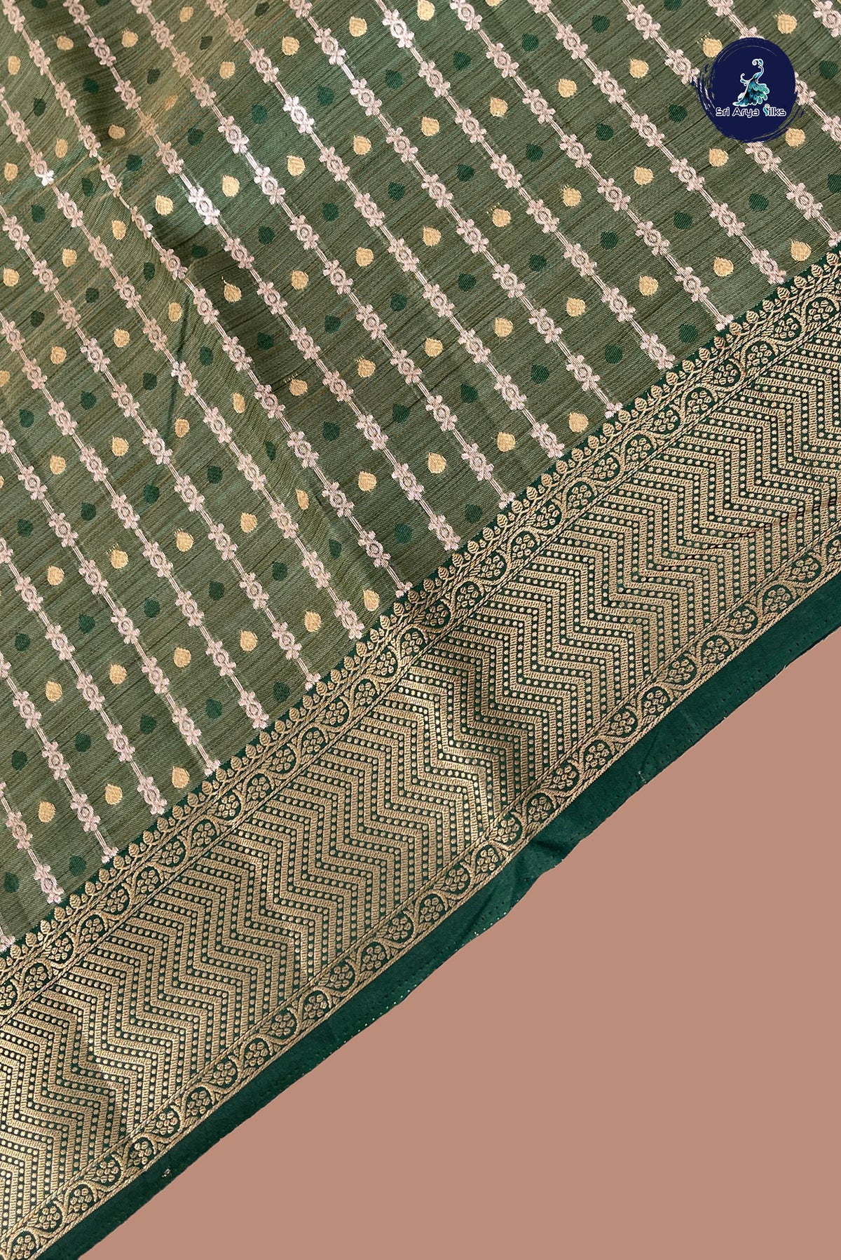 Dark Green Semi Tussar Saree With Stripes Pattern