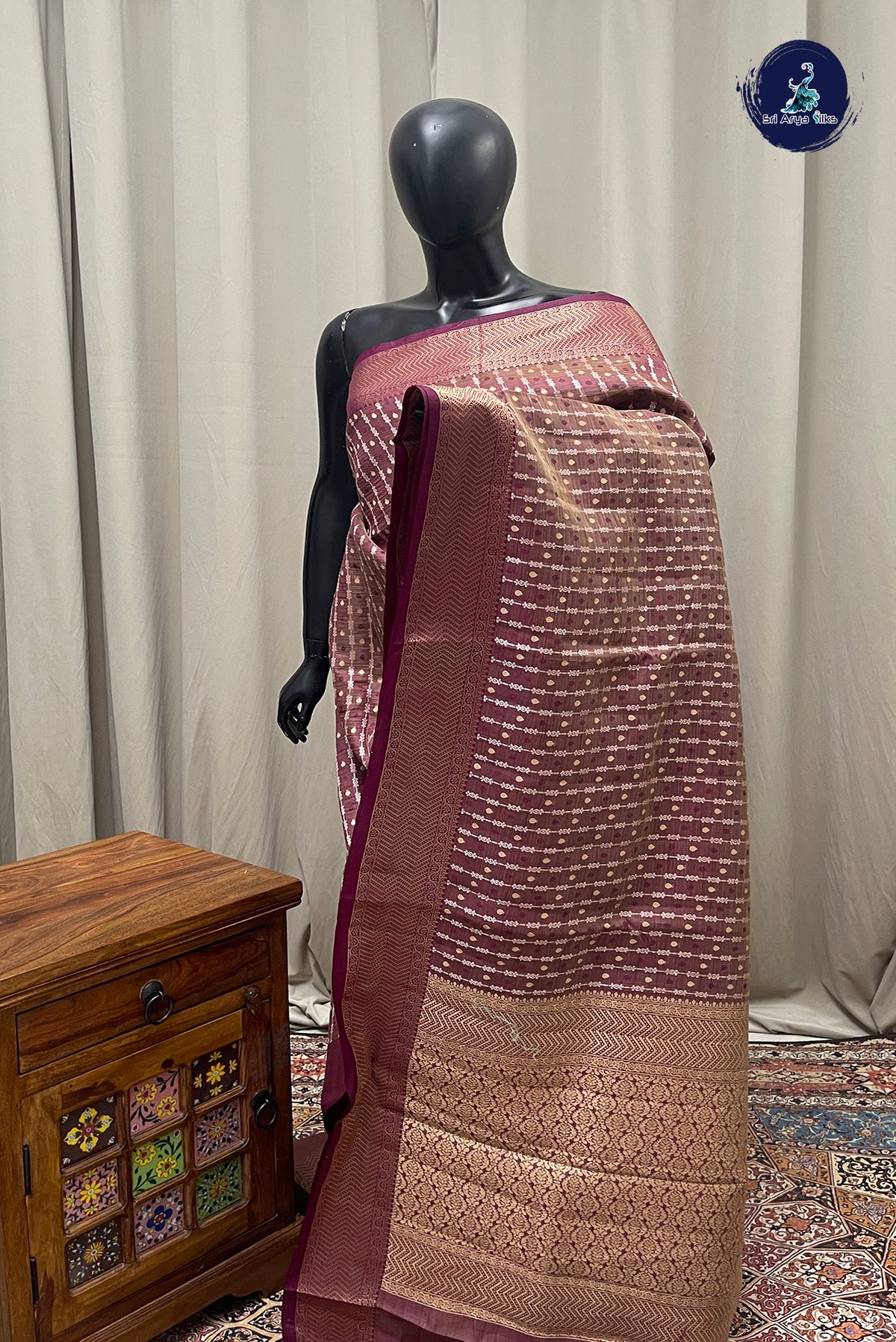 Burgundy Semi Tussar Saree With Stripes Pattern