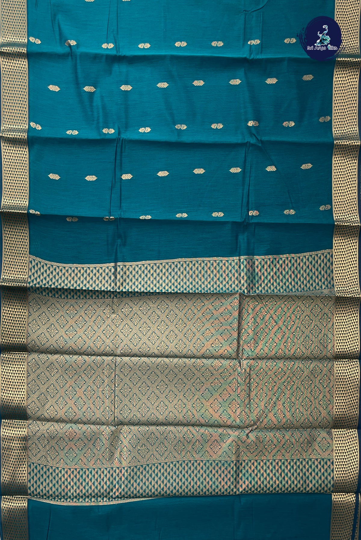 Teal Budget Semi Silk Cotton Saree With Zari Buttas Pattern