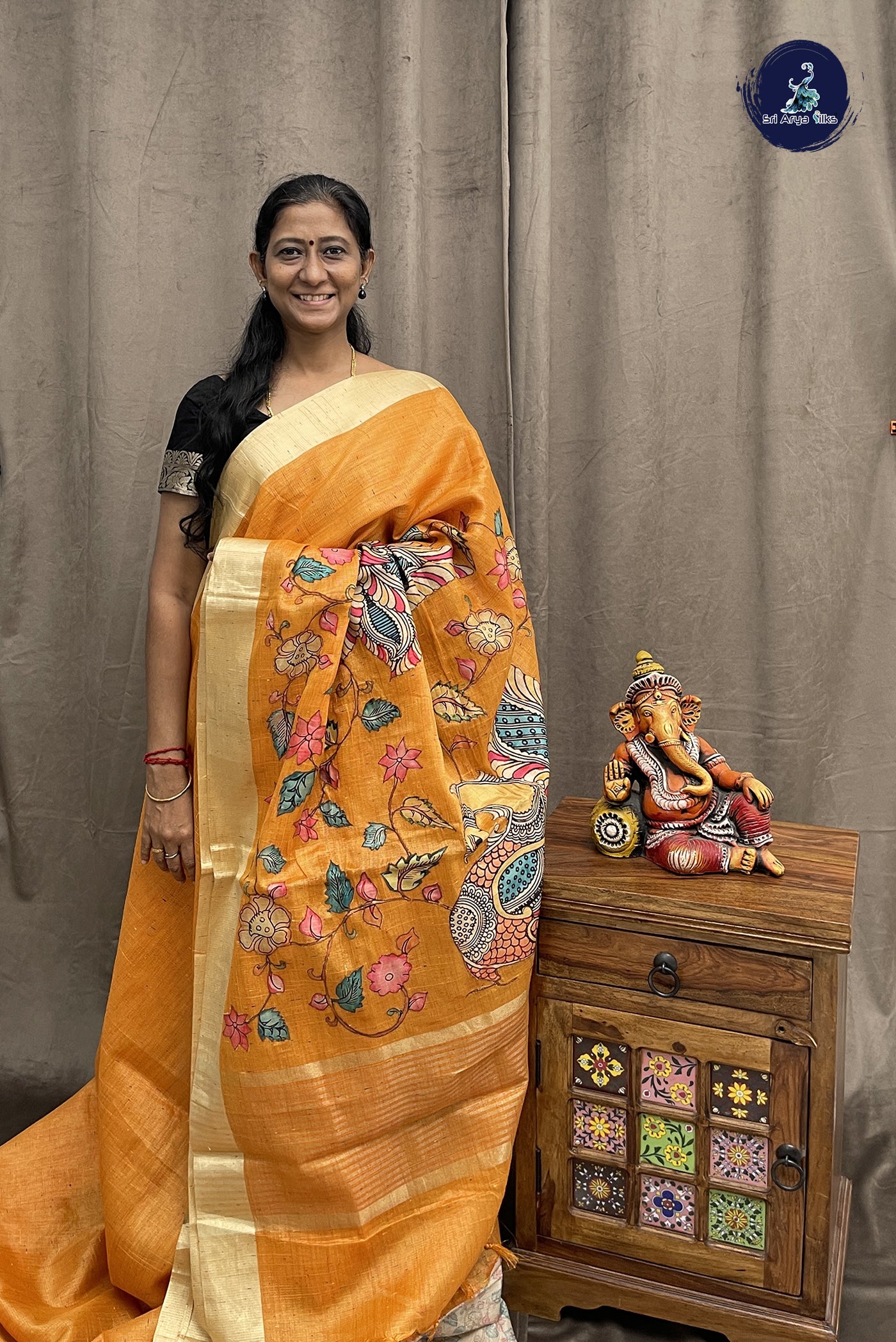 Orange Tissue Banarasi Saree With Kalamkari Pattern