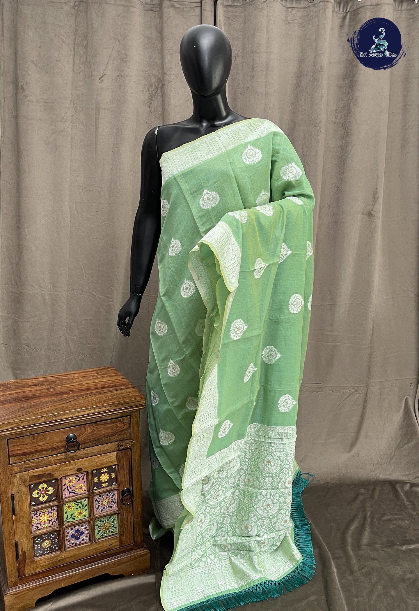pastel Green Cotton Saree With Printed Pattern