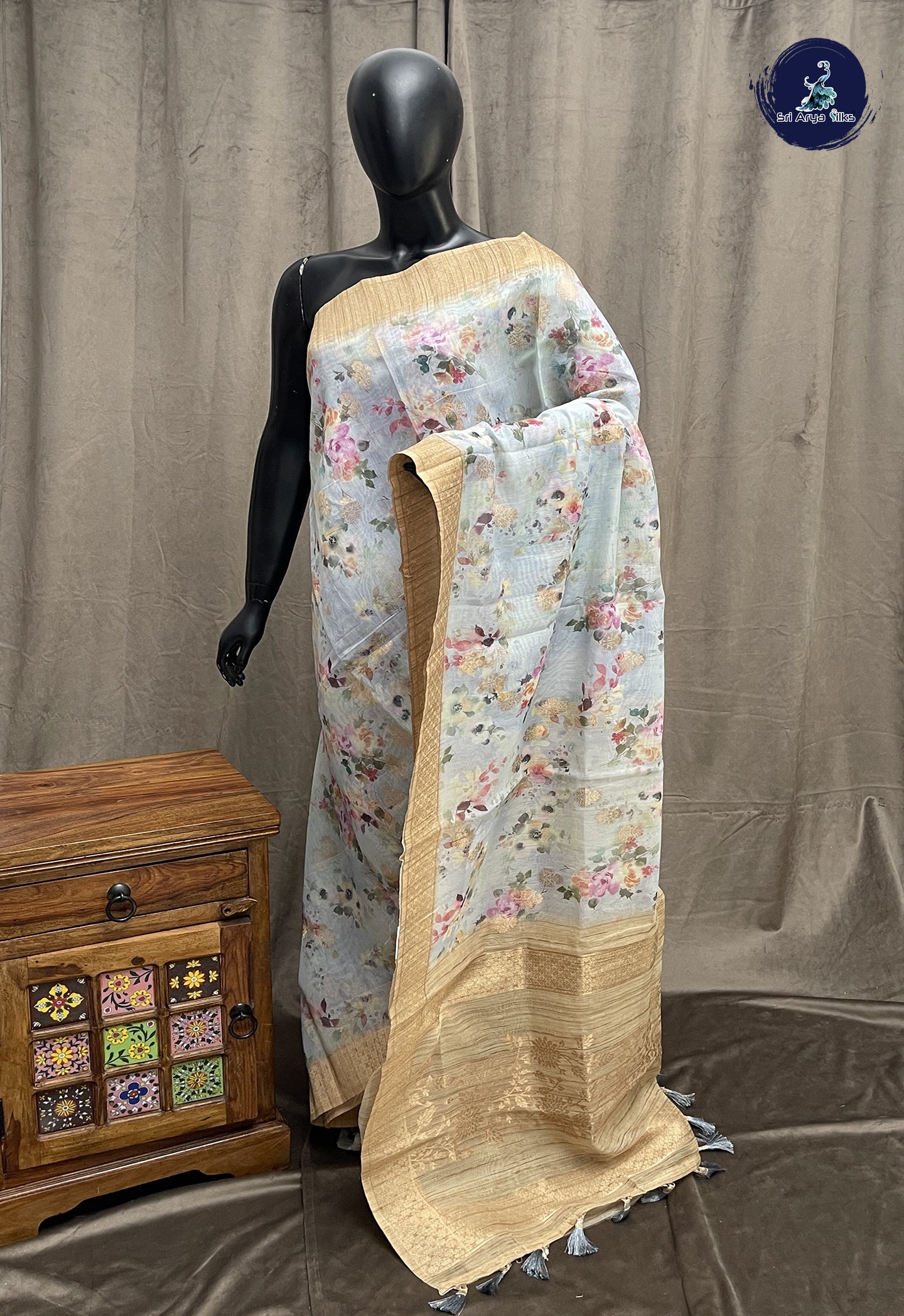 Greyish Blue Semi Banarasi Saree With Buttas Pattern