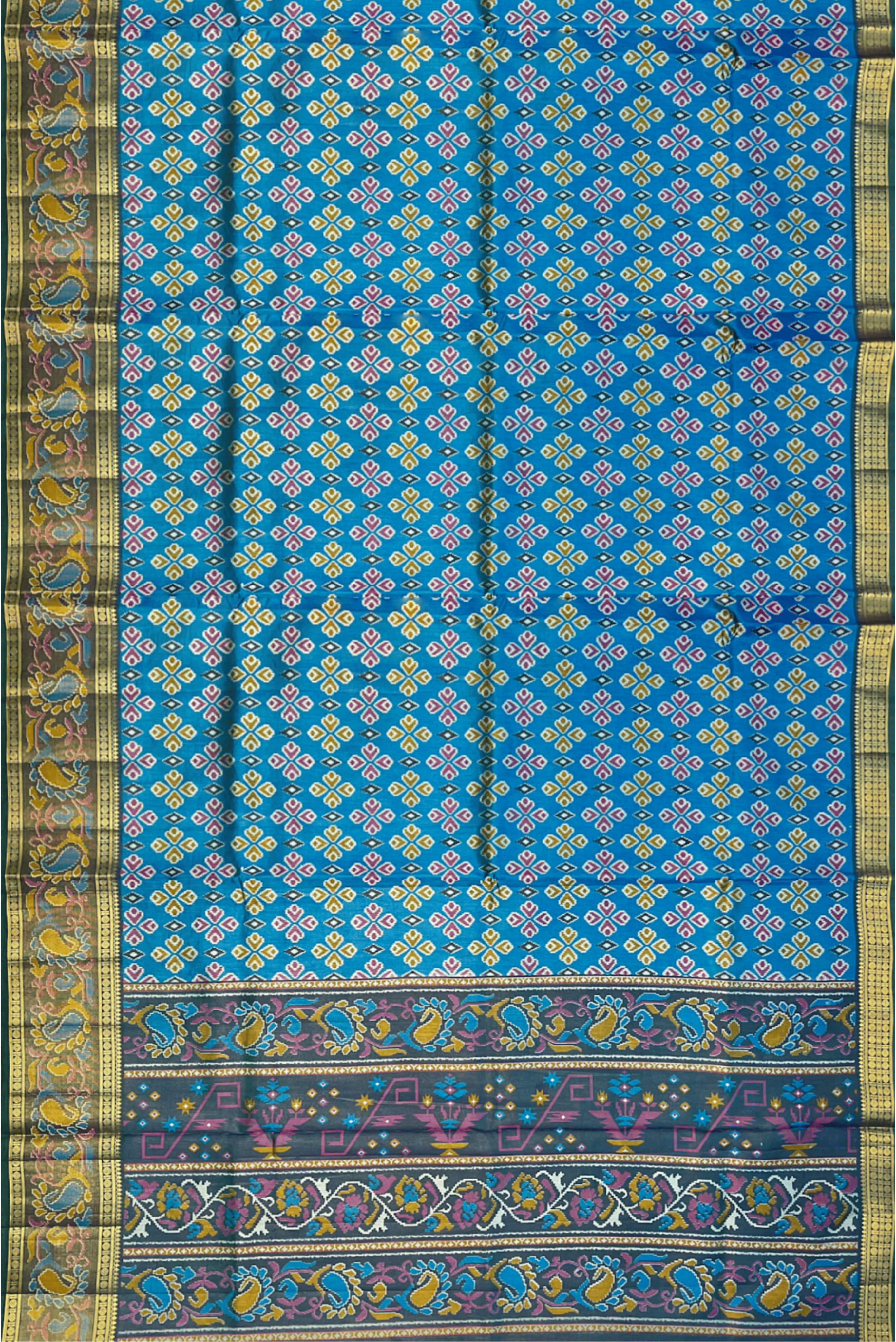 Copper Sulphate Blue Pochampally Saree With Patola Pattern
