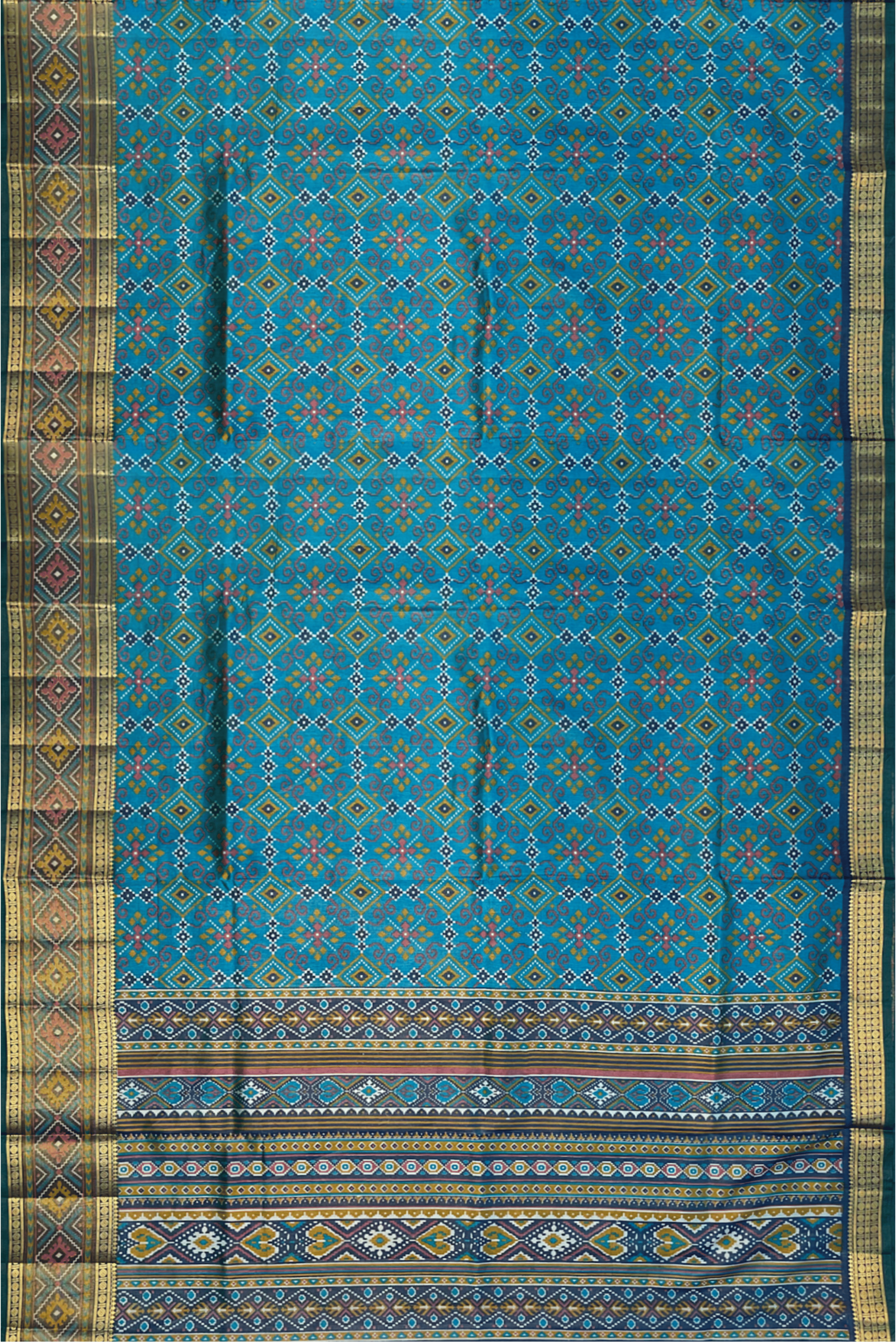 Sapphire Green Pochampally Saree With Patola Pattern