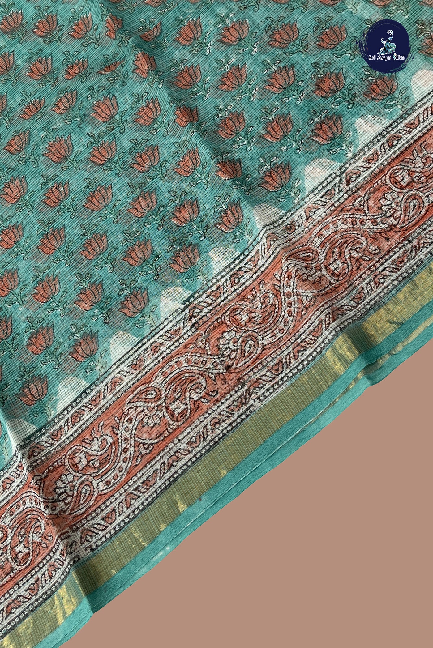 Turquoise Cotton Saree With Printed Pattern