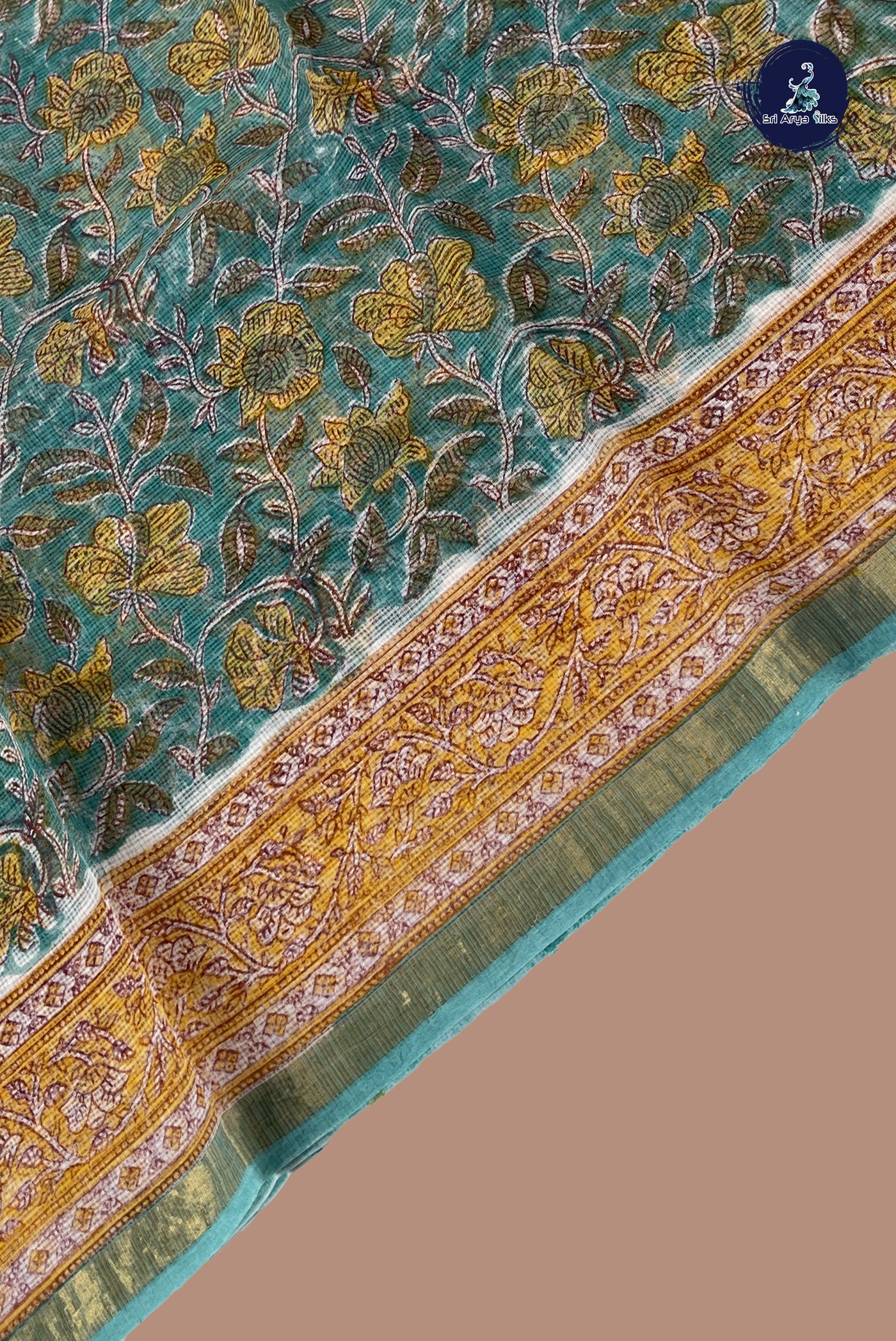 Turquoise Cotton Saree With Printed Pattern