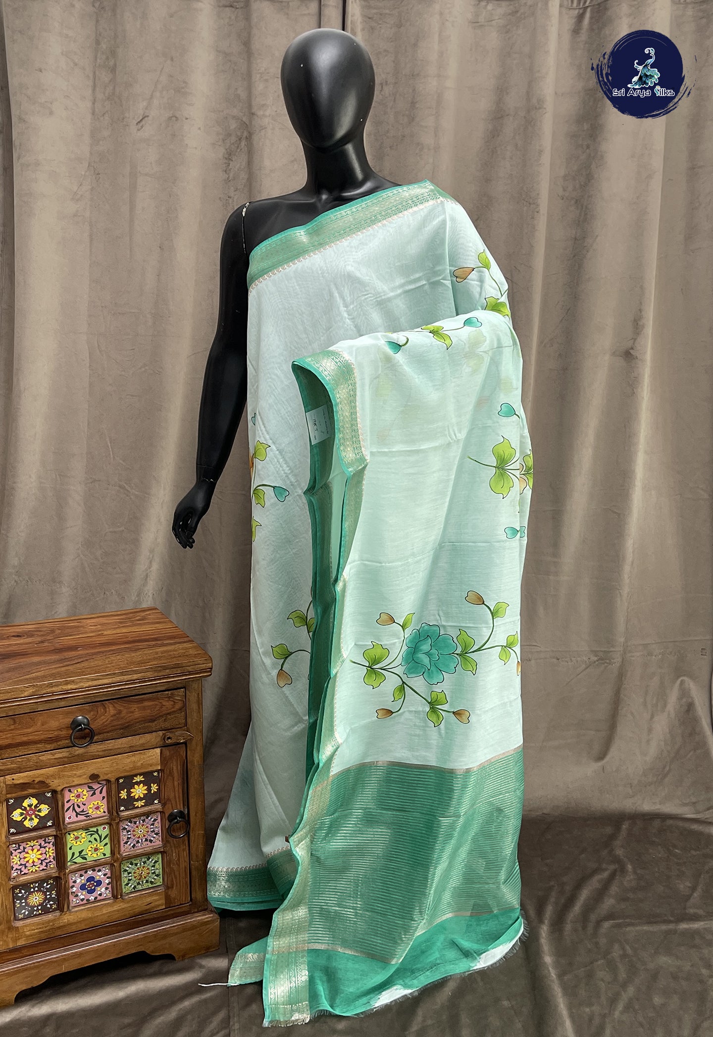 Light Blue Chanderi Silk Cotton Saree With Floral Pattern