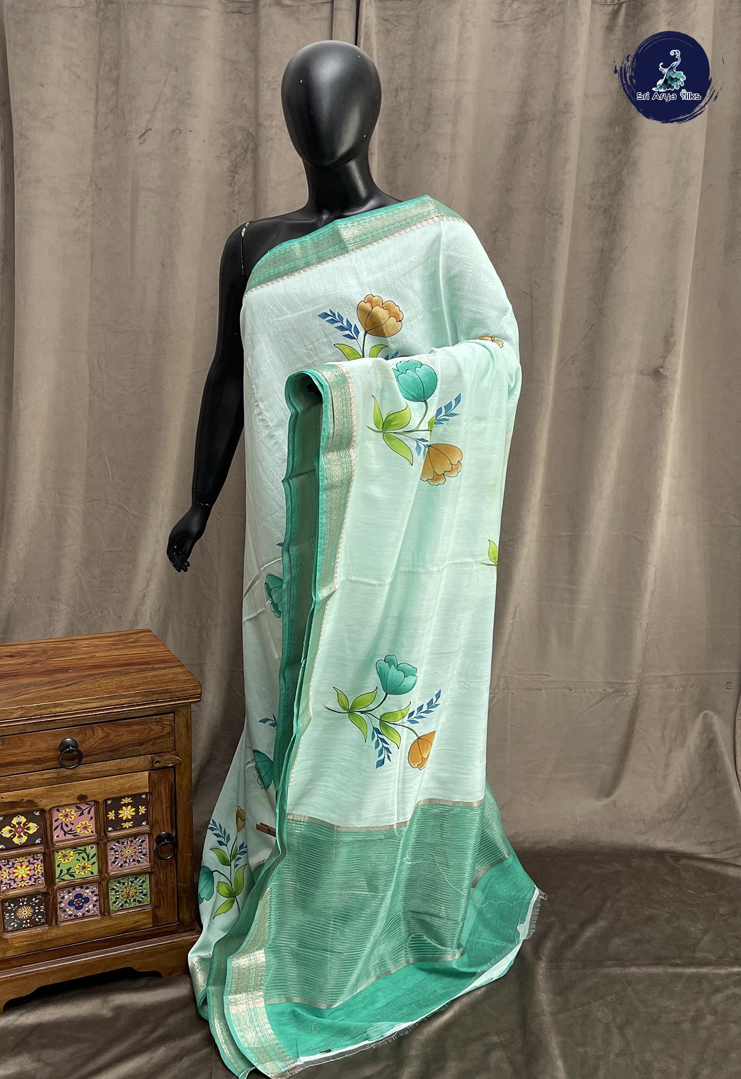 Light Blue Chanderi Silk Cotton Saree With Floral Pattern