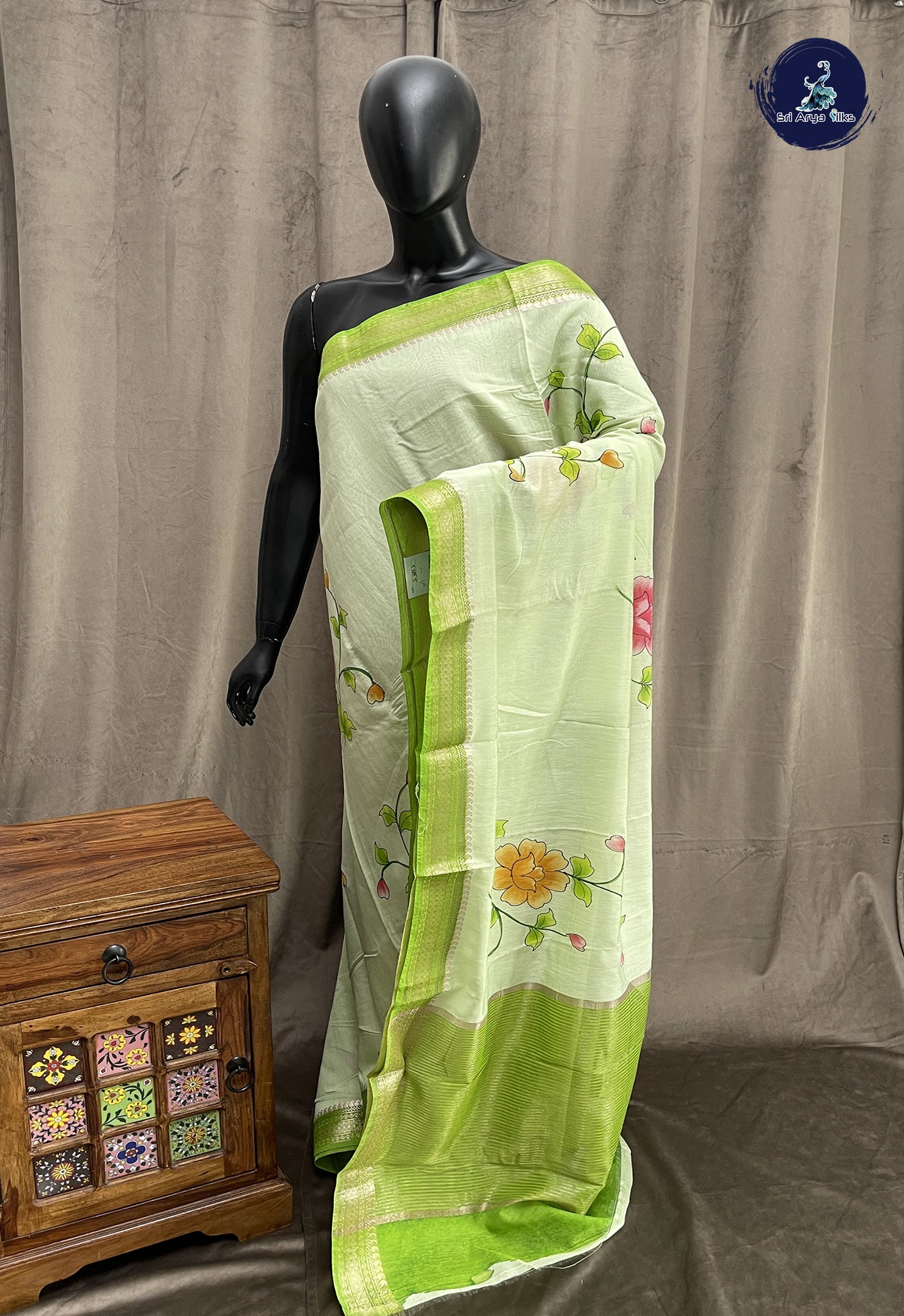 Pista Green Chanderi Silk Cotton Saree With Floral Pattern