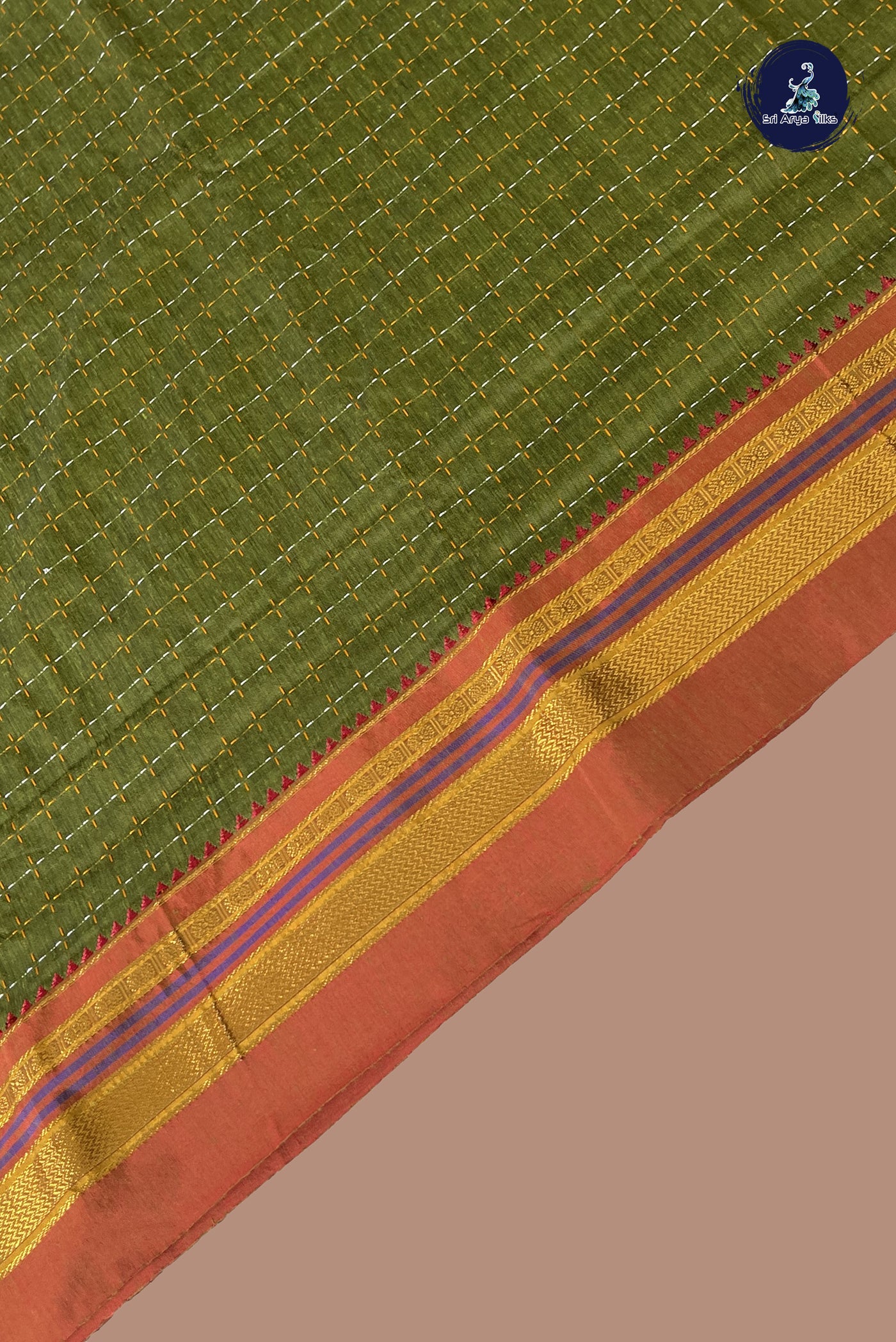 Mehendi Green Cotton Saree With Thread Work Pattern