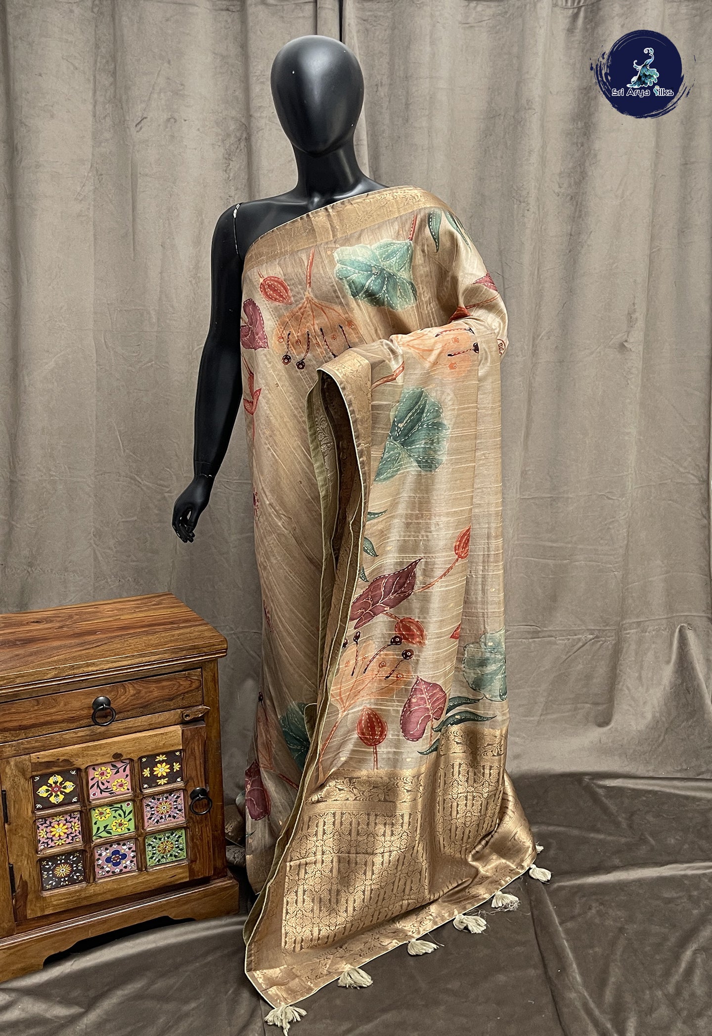 Light Brown Tussar Saree With Floral Print Pattern