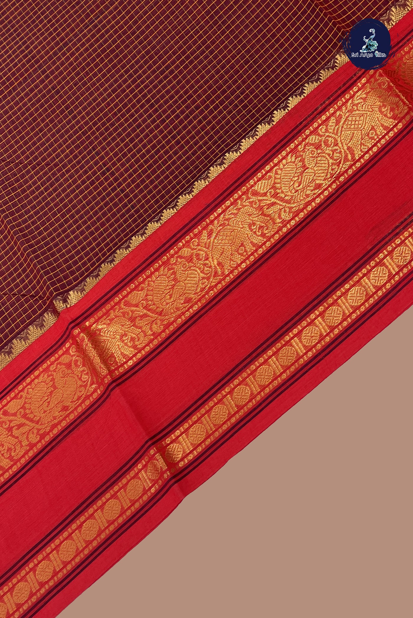 Maroon Cotton Saree With Checked Pattern