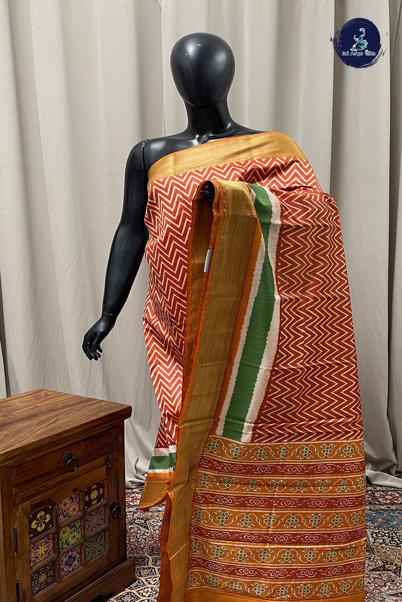 Burnt Orange Casual Saree With Ikat Pattern
