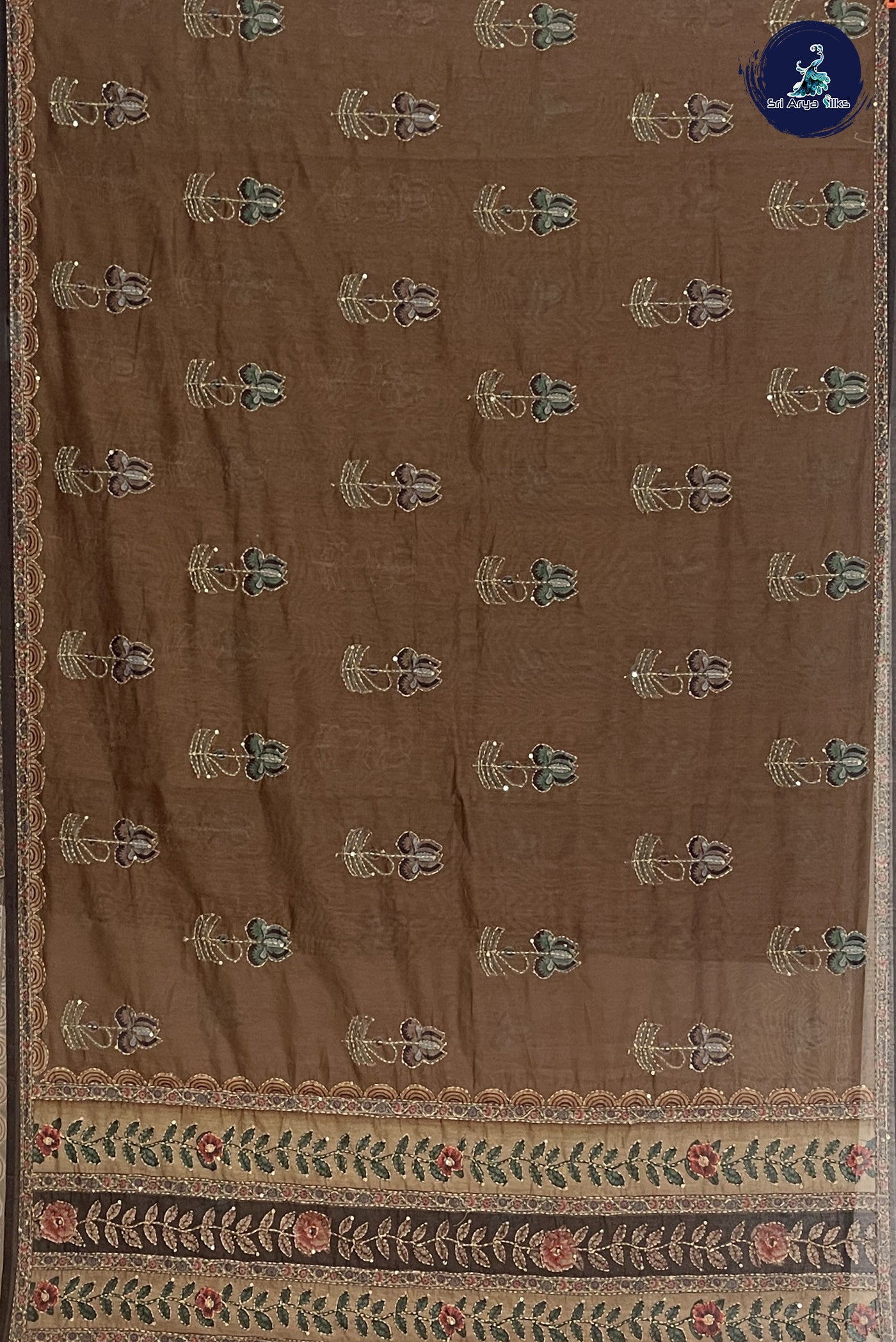 Brown Tussar Saree With Kantha Work Pattern