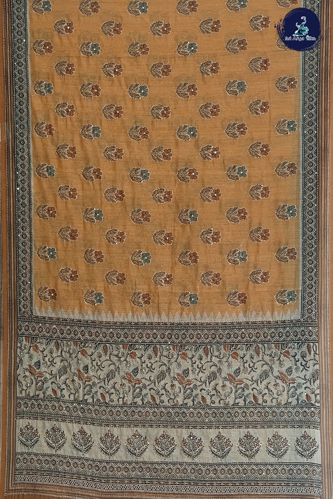 Light Orange Tussar Saree With Kantha Work Pattern