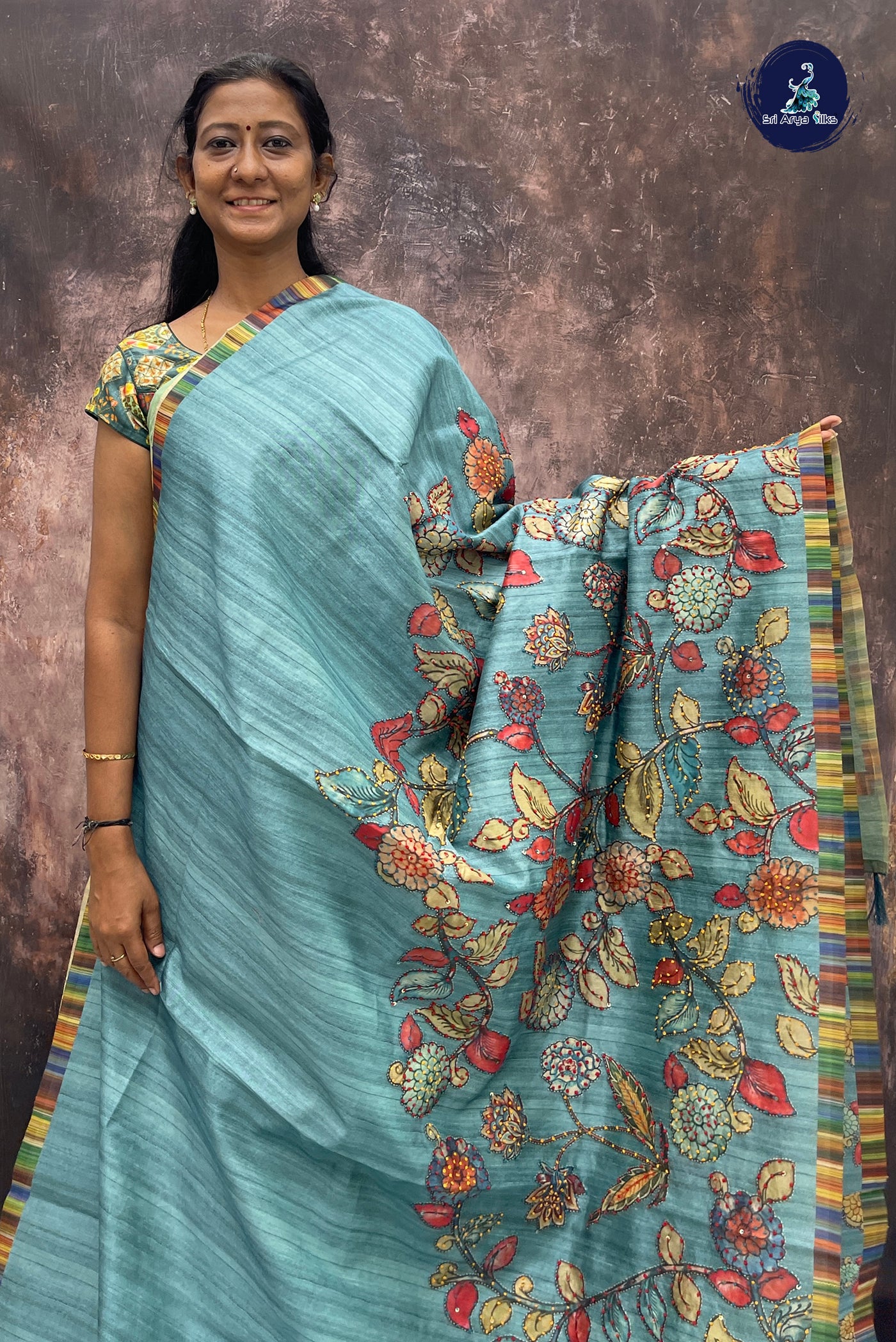 Teal Blue Tussar Saree With Kalamkari Pattern