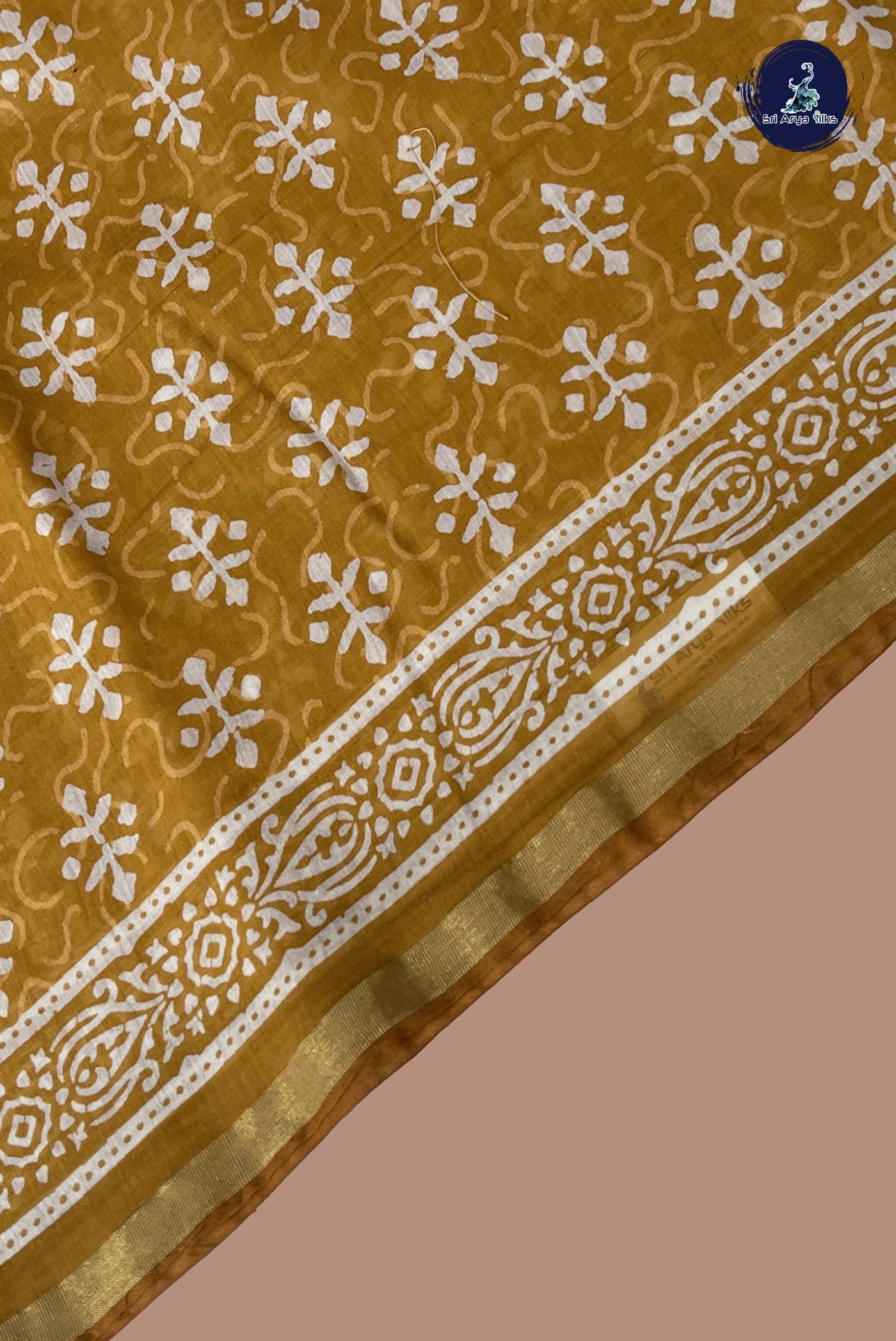 Mustard Yellow Cotton Saree With Bagru Print Pattern