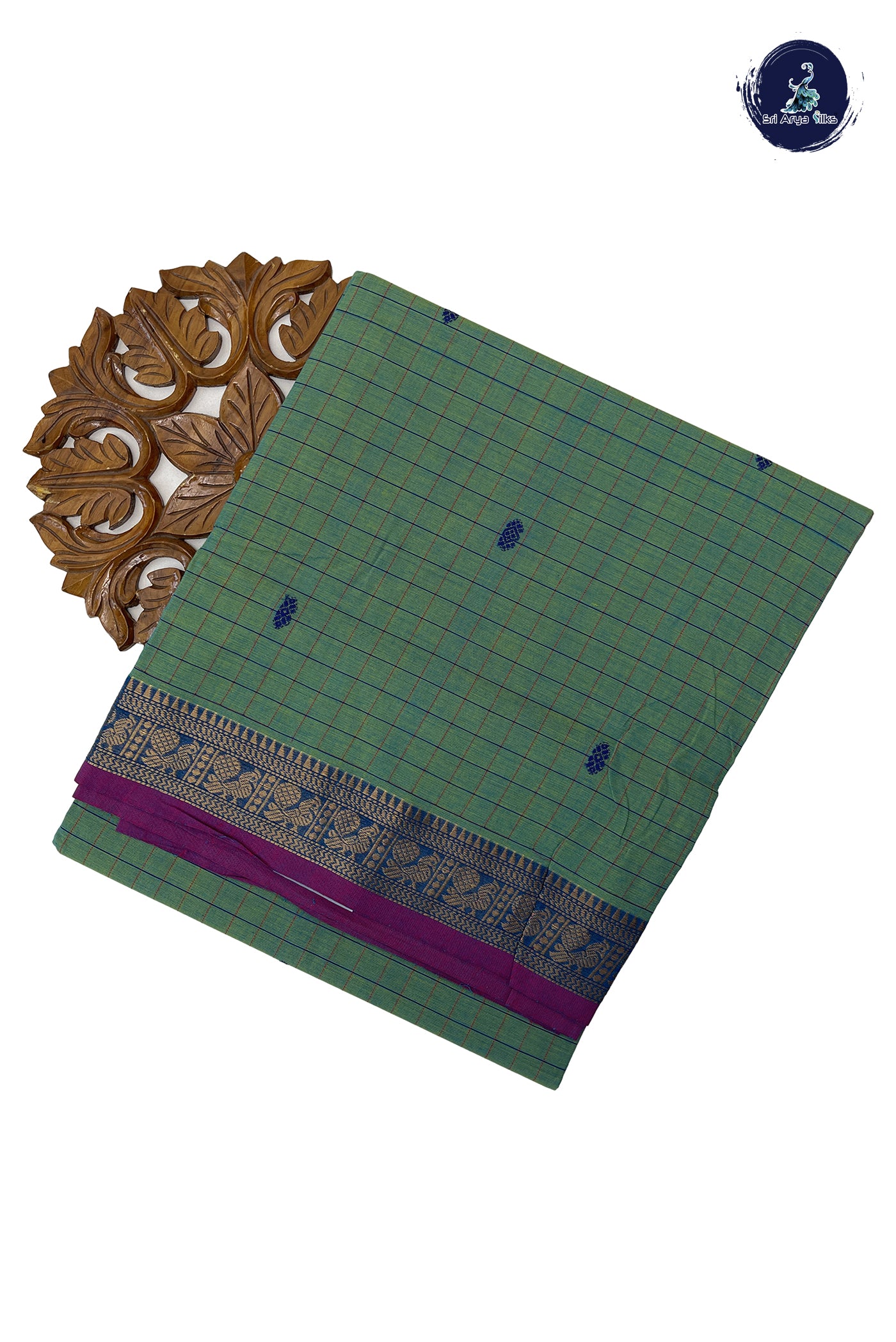 Bluish Green Cotton Saree With Checked Pattern