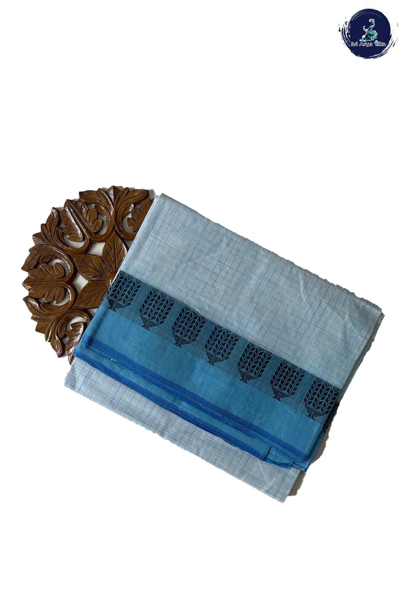 Light Blue Cotton Saree With Plain Pattern