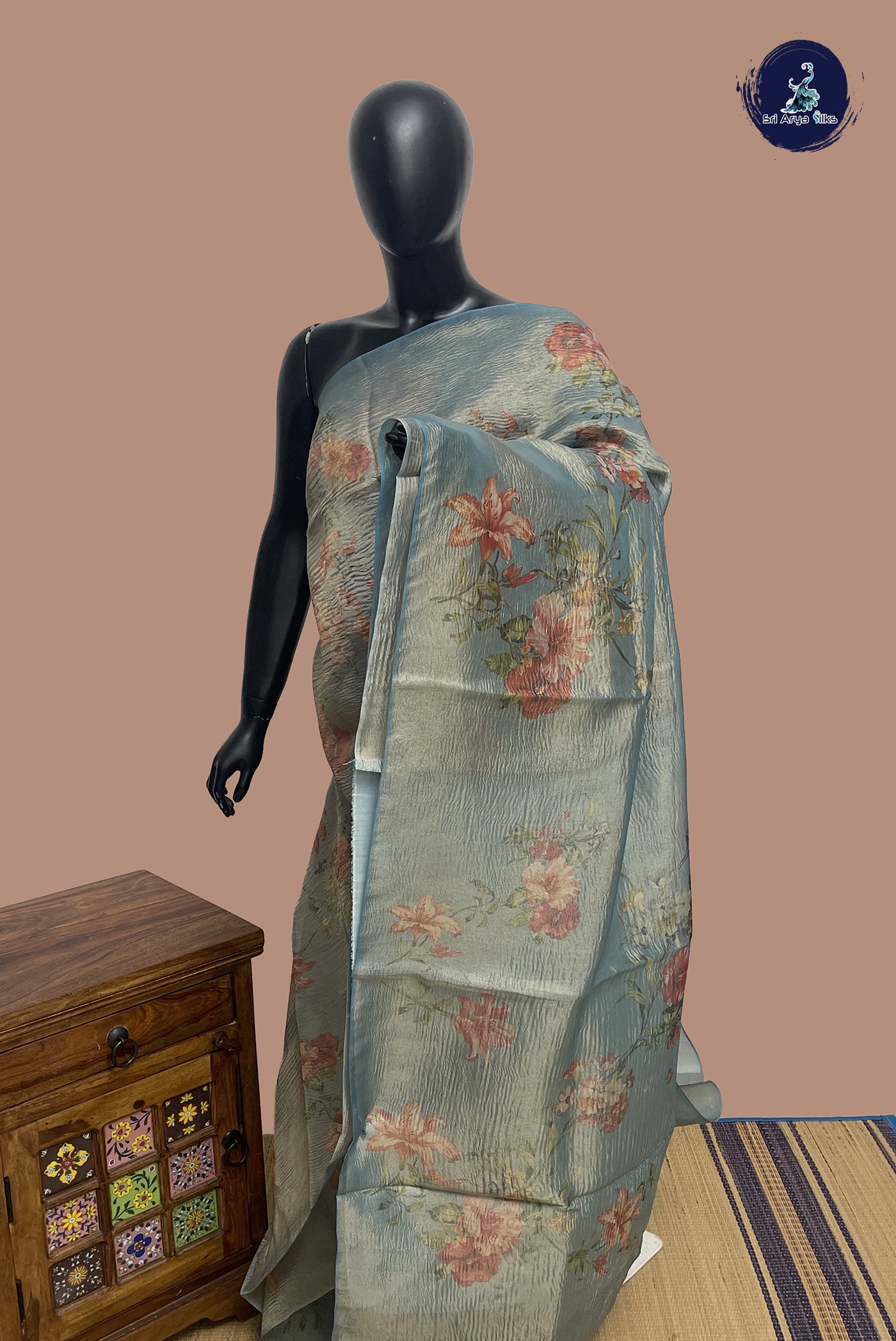 Bluish Grey Tissue Banarasi Saree With Floral Digital Print Pattern
