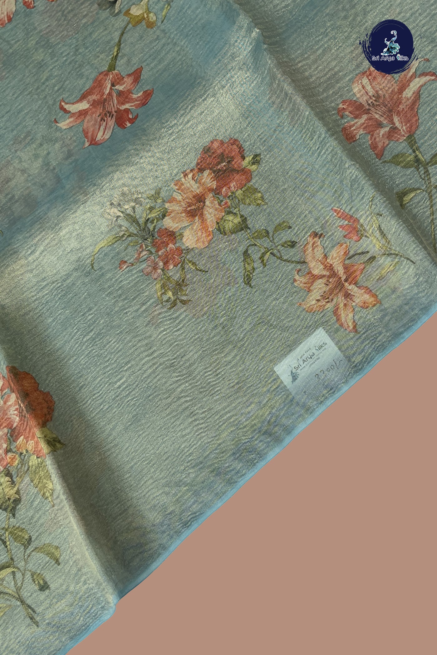 Bluish Grey Tissue Banarasi Saree With Floral Digital Print Pattern