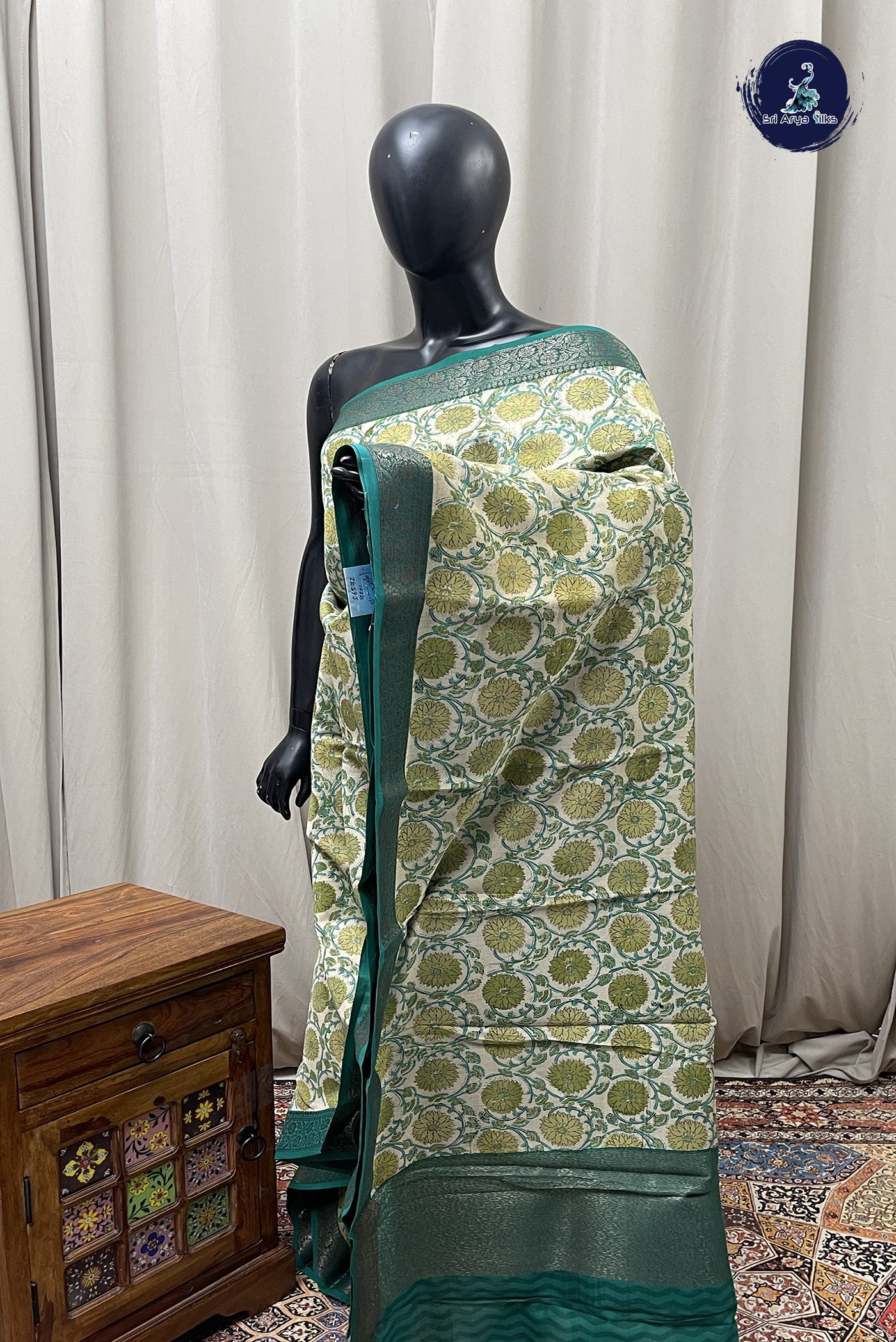 Chikku Shade Chanderi Silk Cotton Saree With Ajrakh Print Pattern