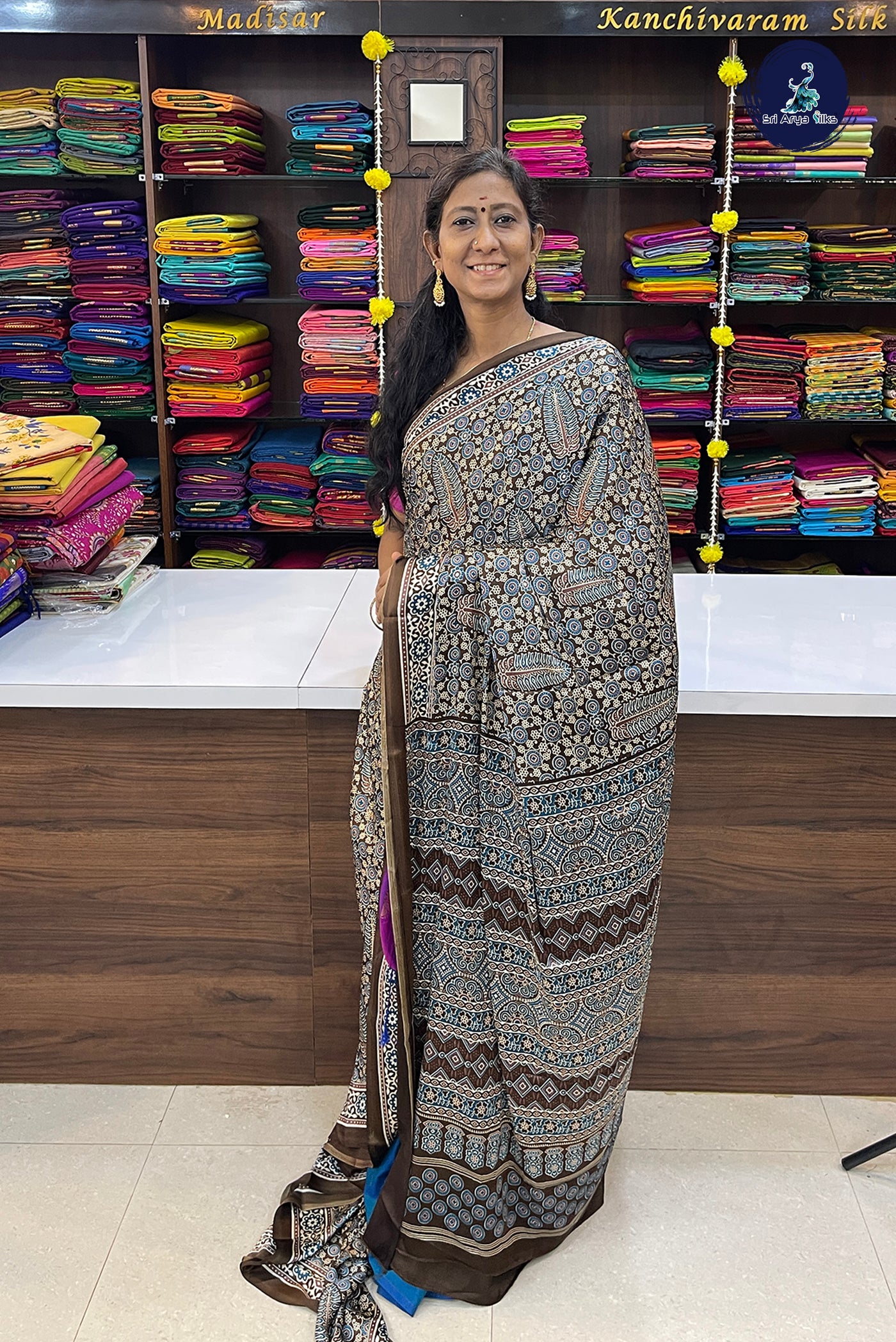 Brown Modal Silk With Ajrakh Print Pattern