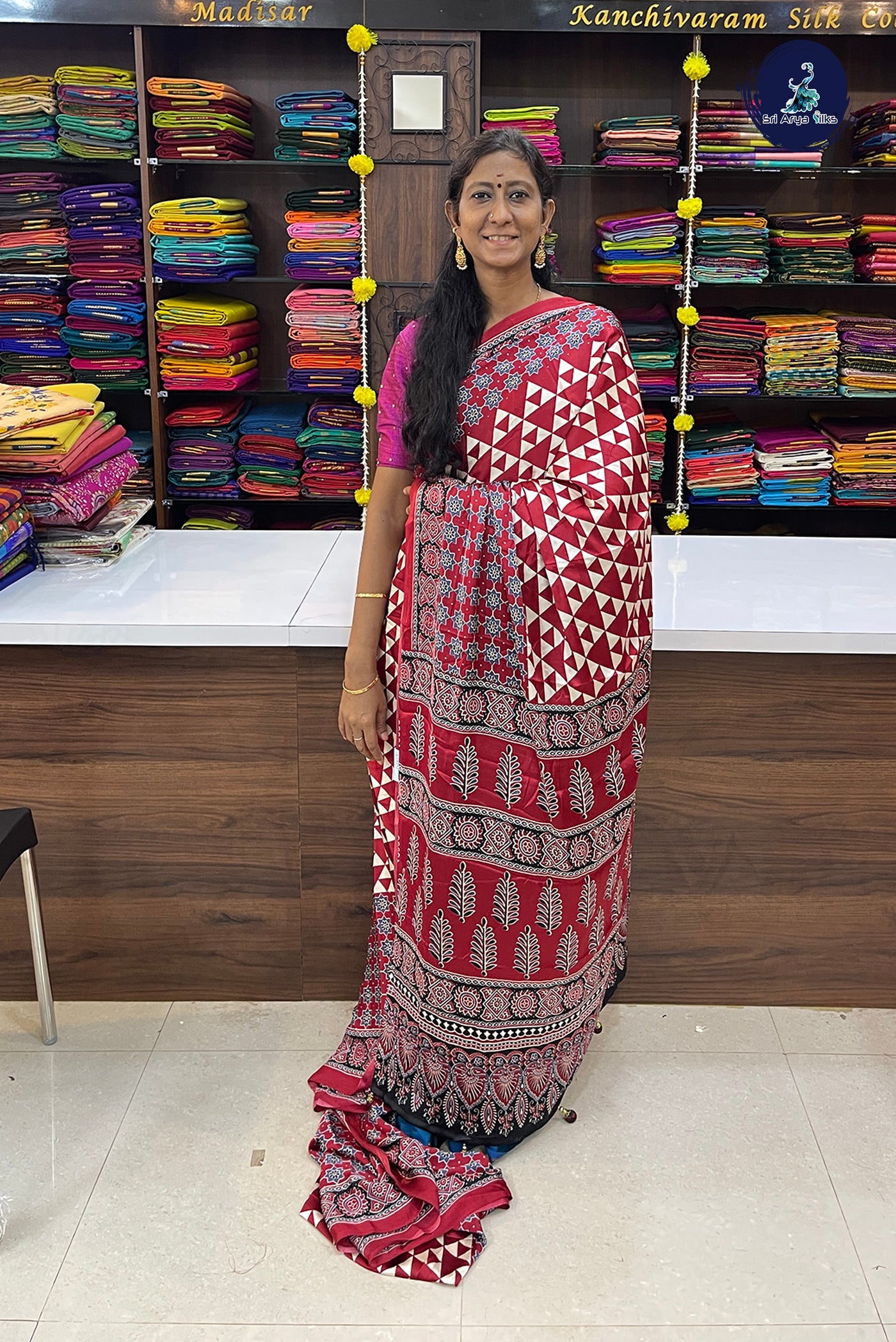 Red Modal Silk With Abstract Print Pattern