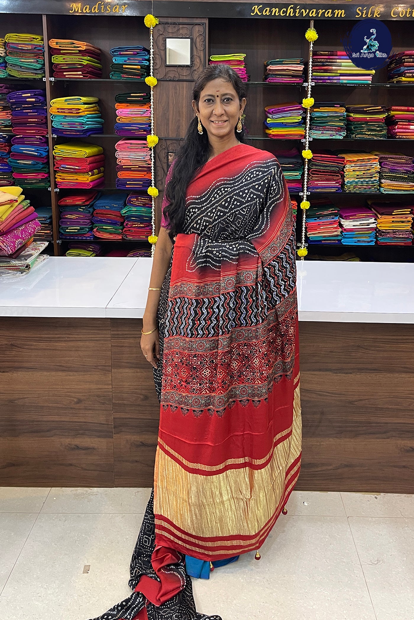 Black Gajji Silk With Bhandini Print Pattern