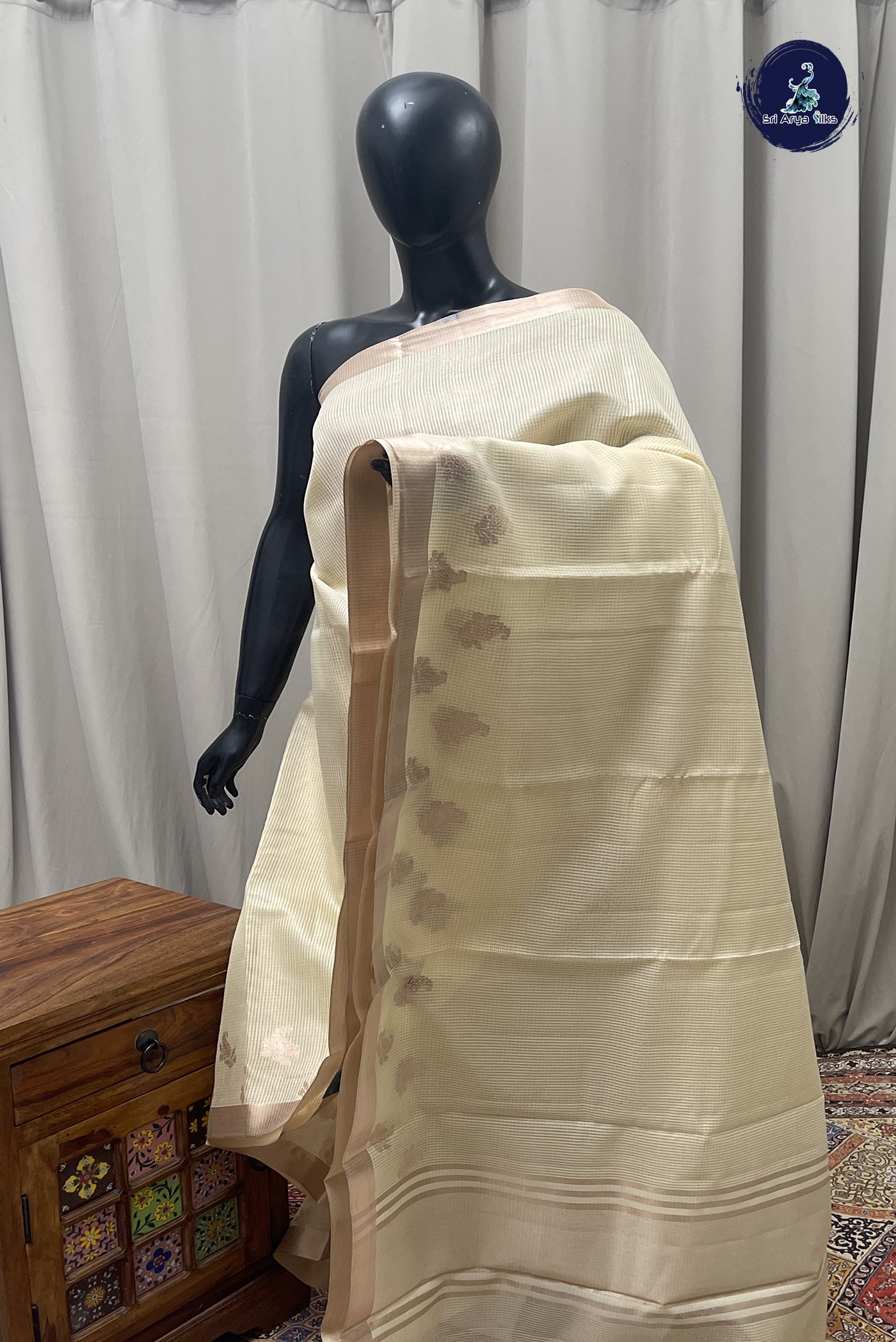 Cream Tissue Saree With Checked Pattern