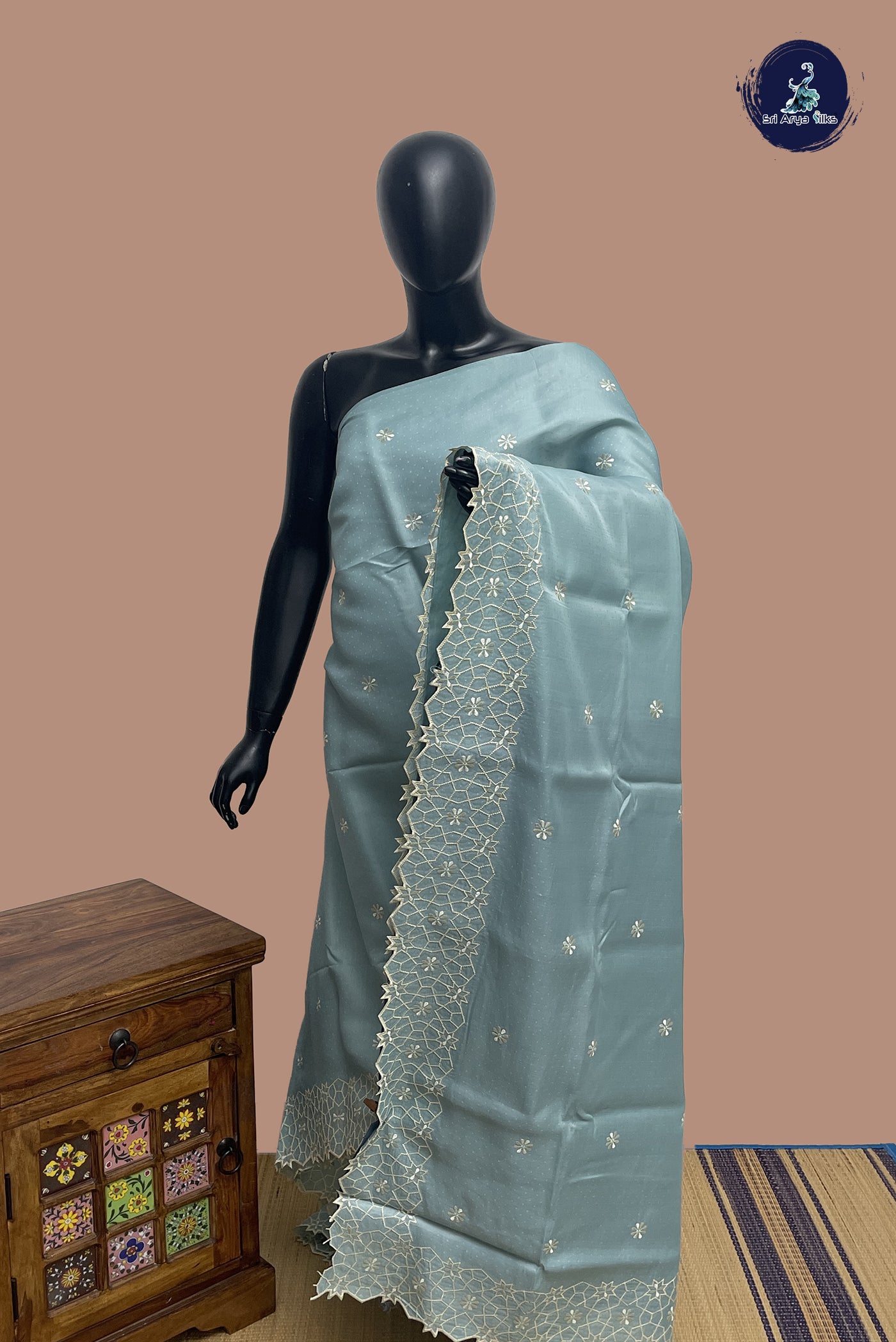 Sea Blue Semi Tussar Saree With Embroidery Pattern