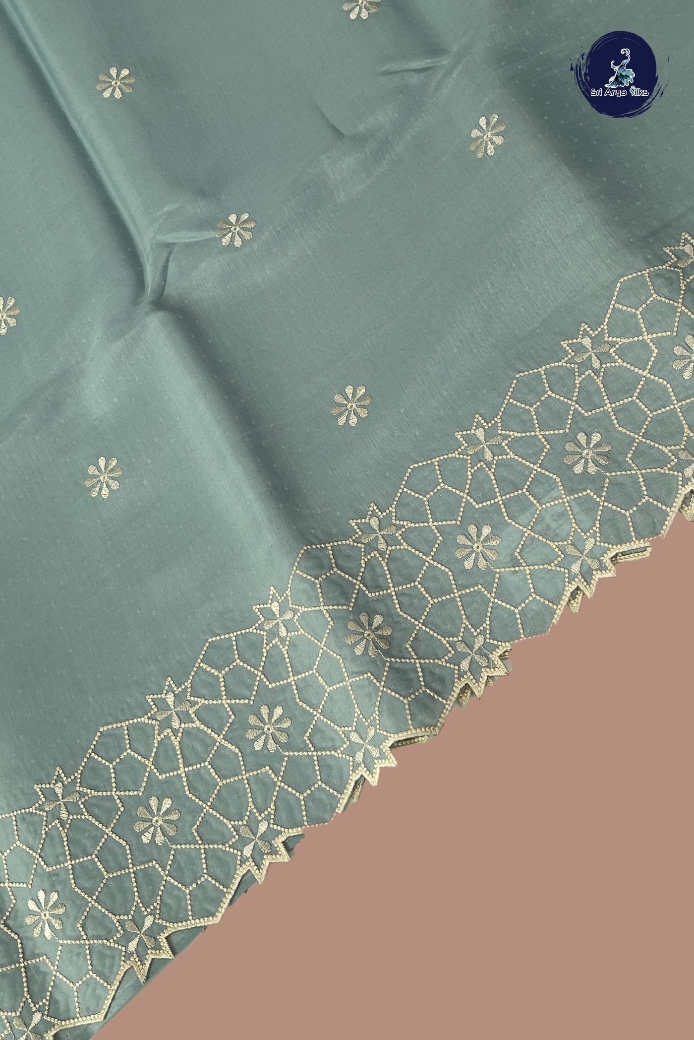 Sea Blue Semi Tussar Saree With Embroidery Pattern
